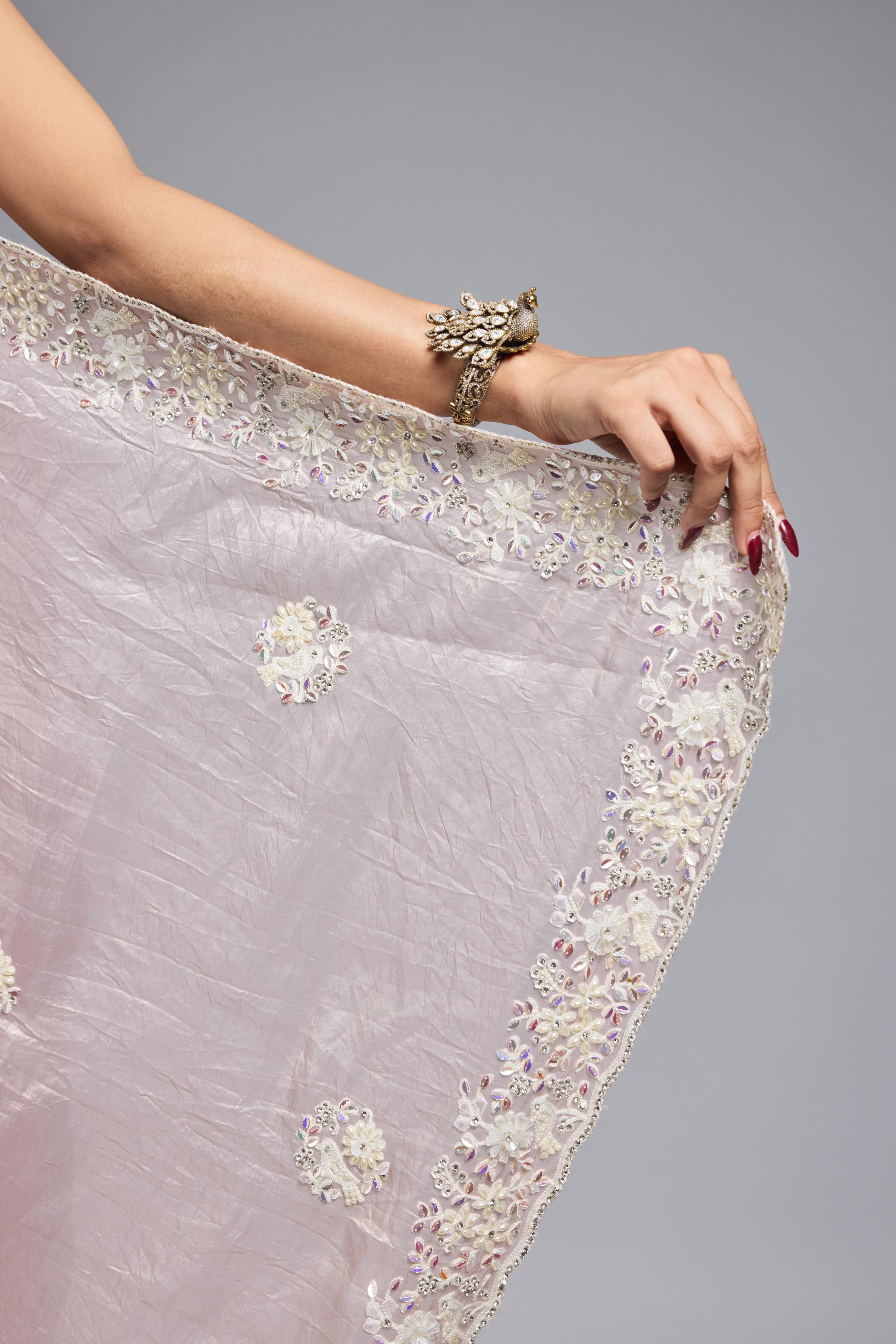 Soft Pink Embroidered Shimmer Silk Saree