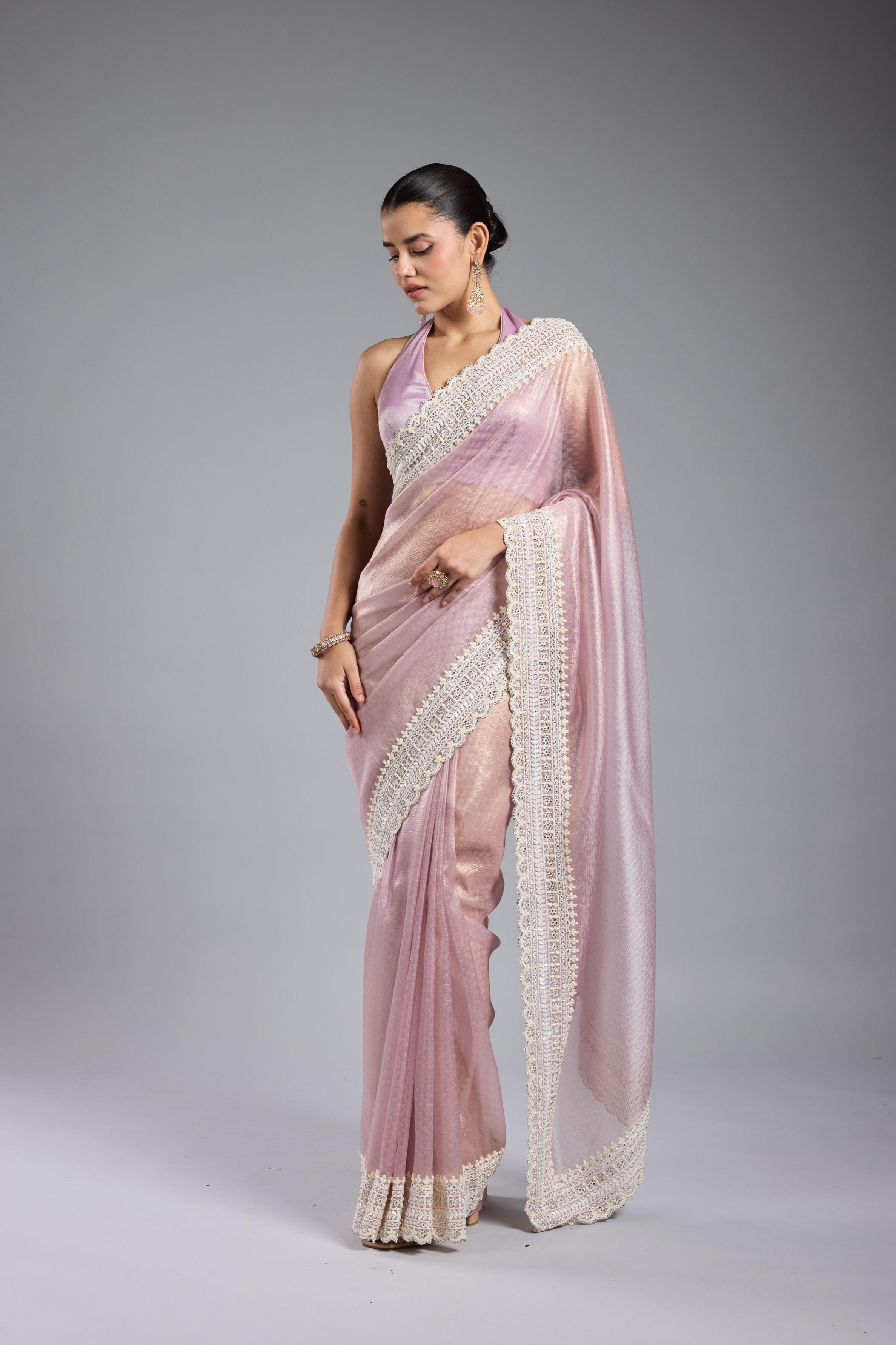 Pastel Pink Embroidered Shimmer Silk Saree