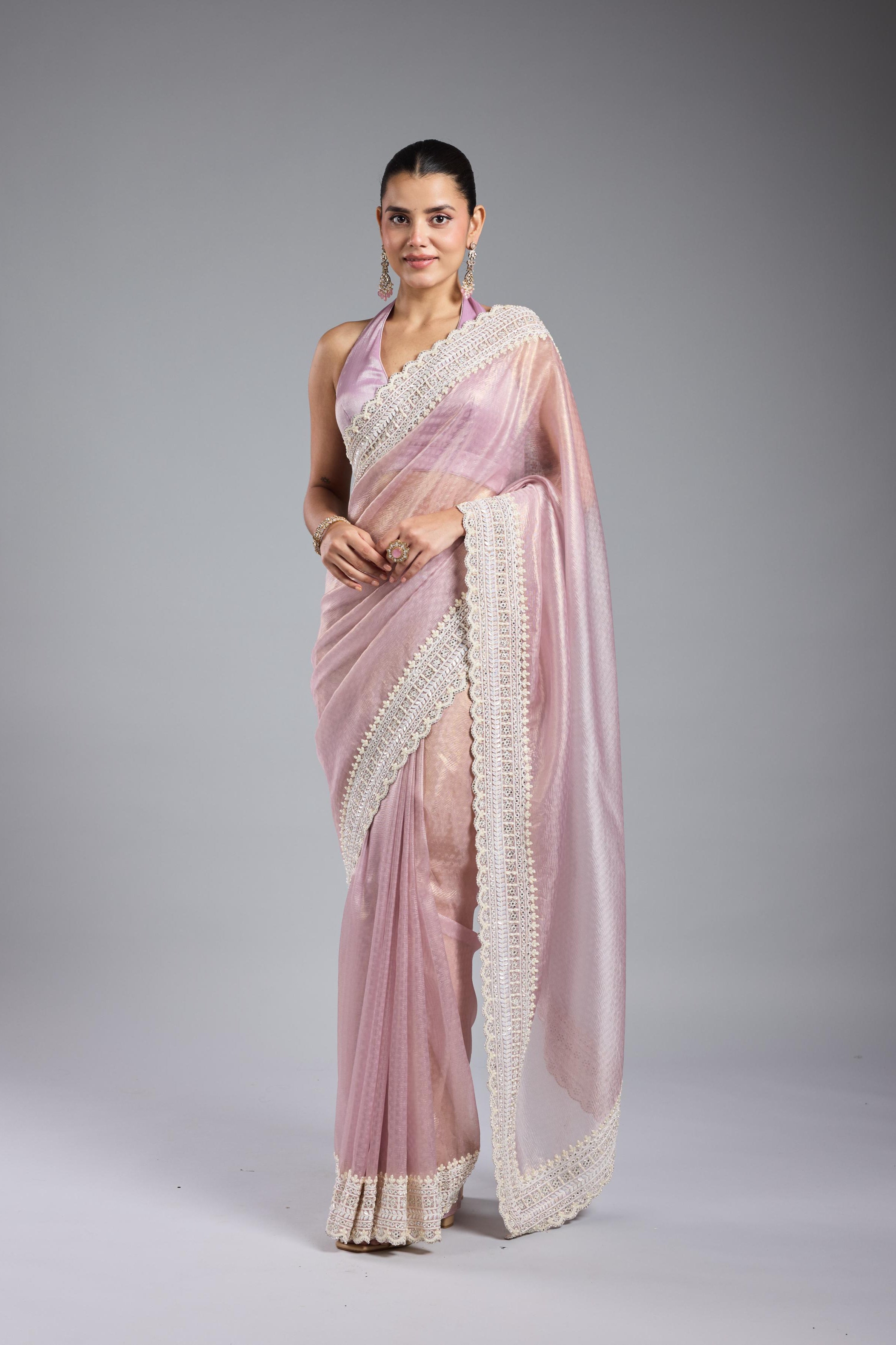Pastel Pink Embroidered Shimmer Silk Saree