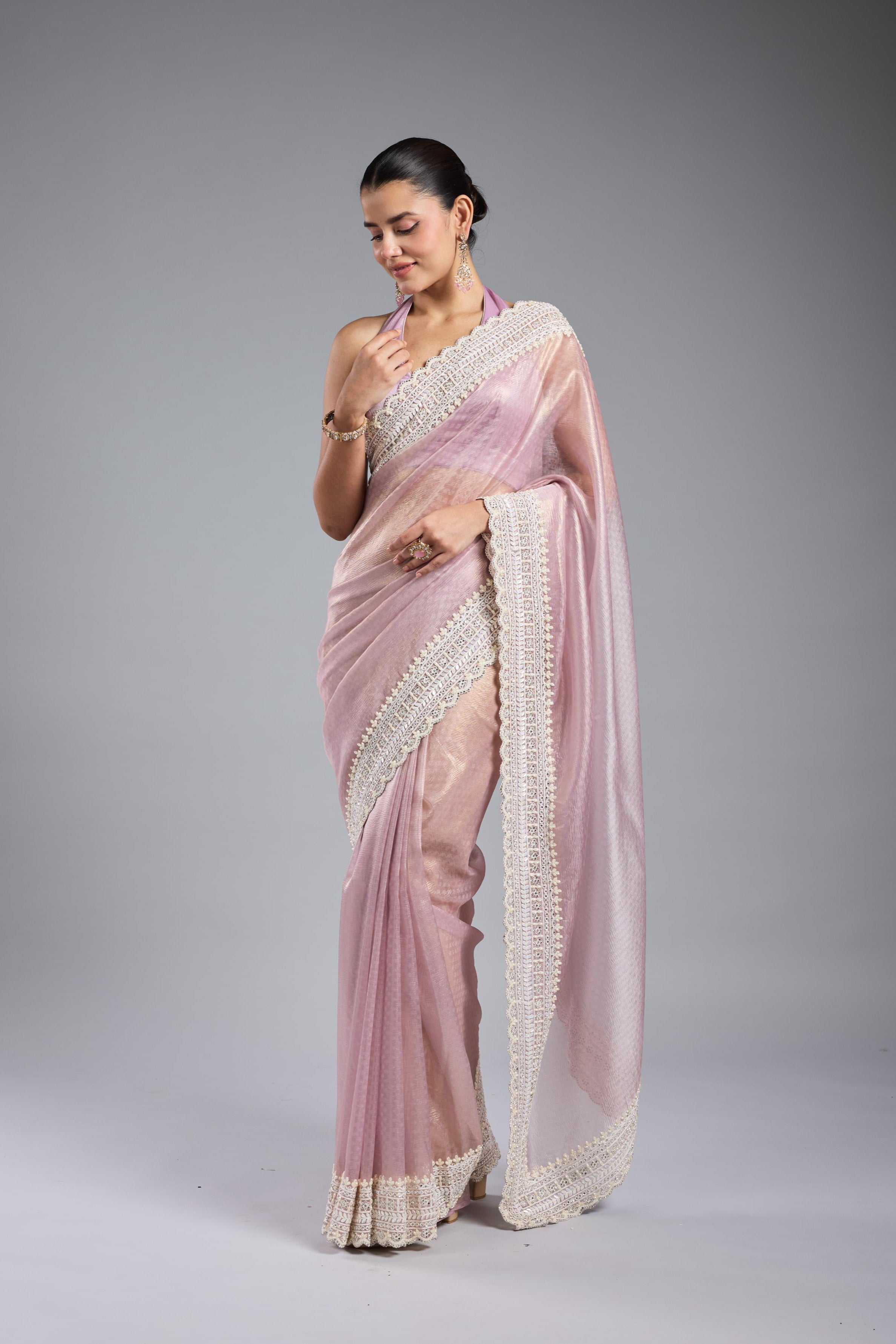 Pastel Pink Embroidered Shimmer Silk Saree