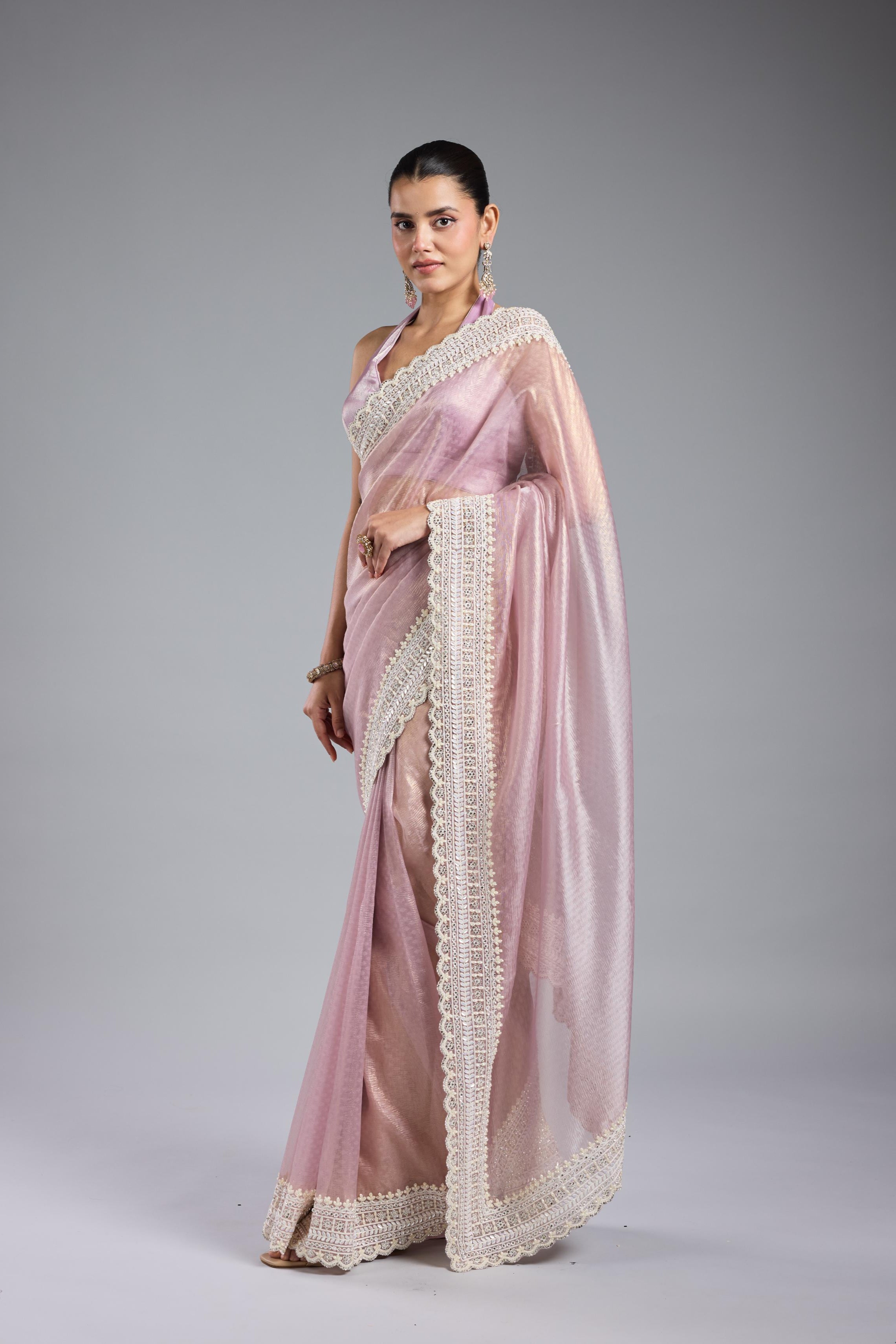 Pastel Pink Embroidered Shimmer Silk Saree