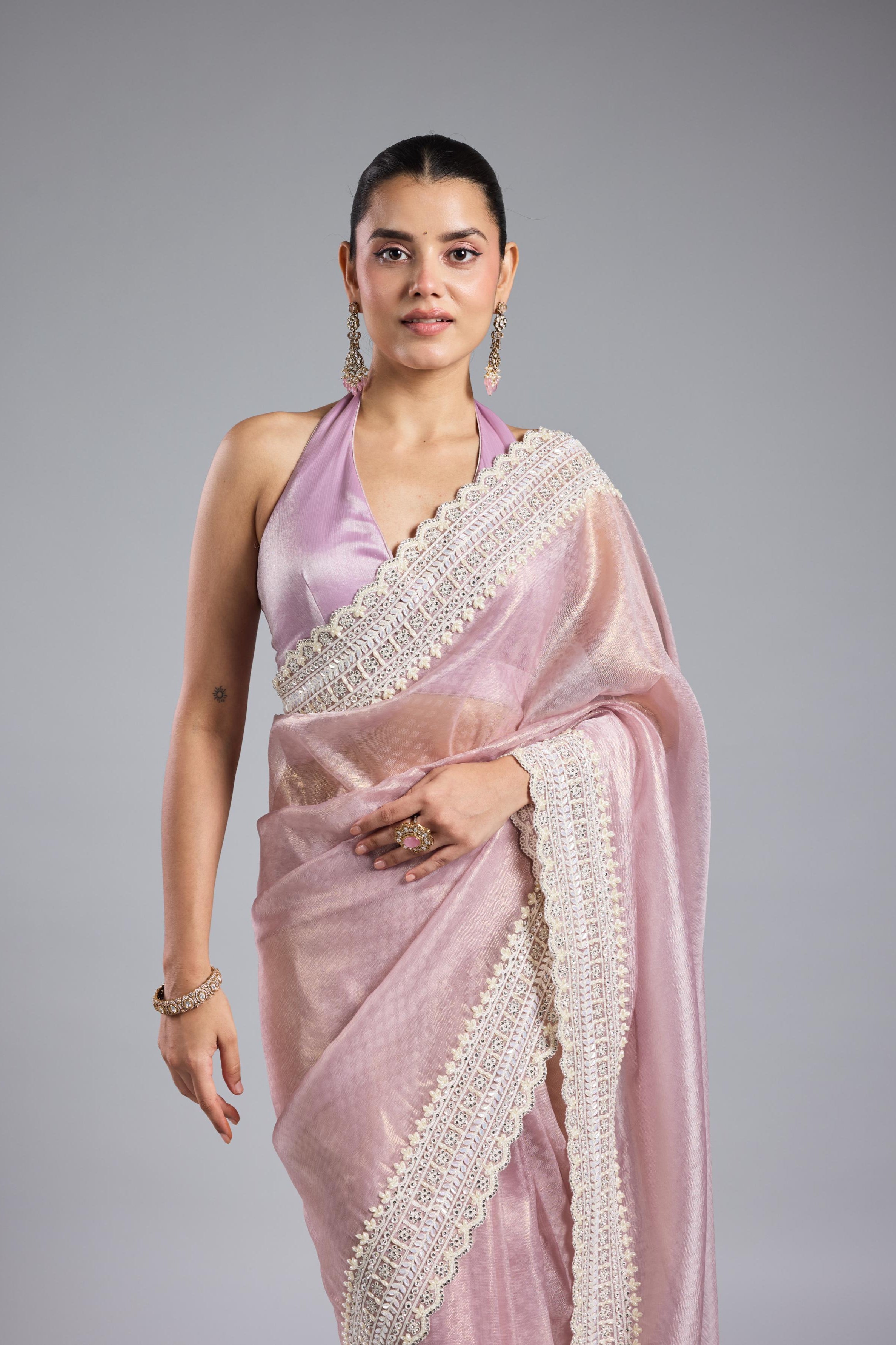 Pastel Pink Embroidered Shimmer Silk Saree