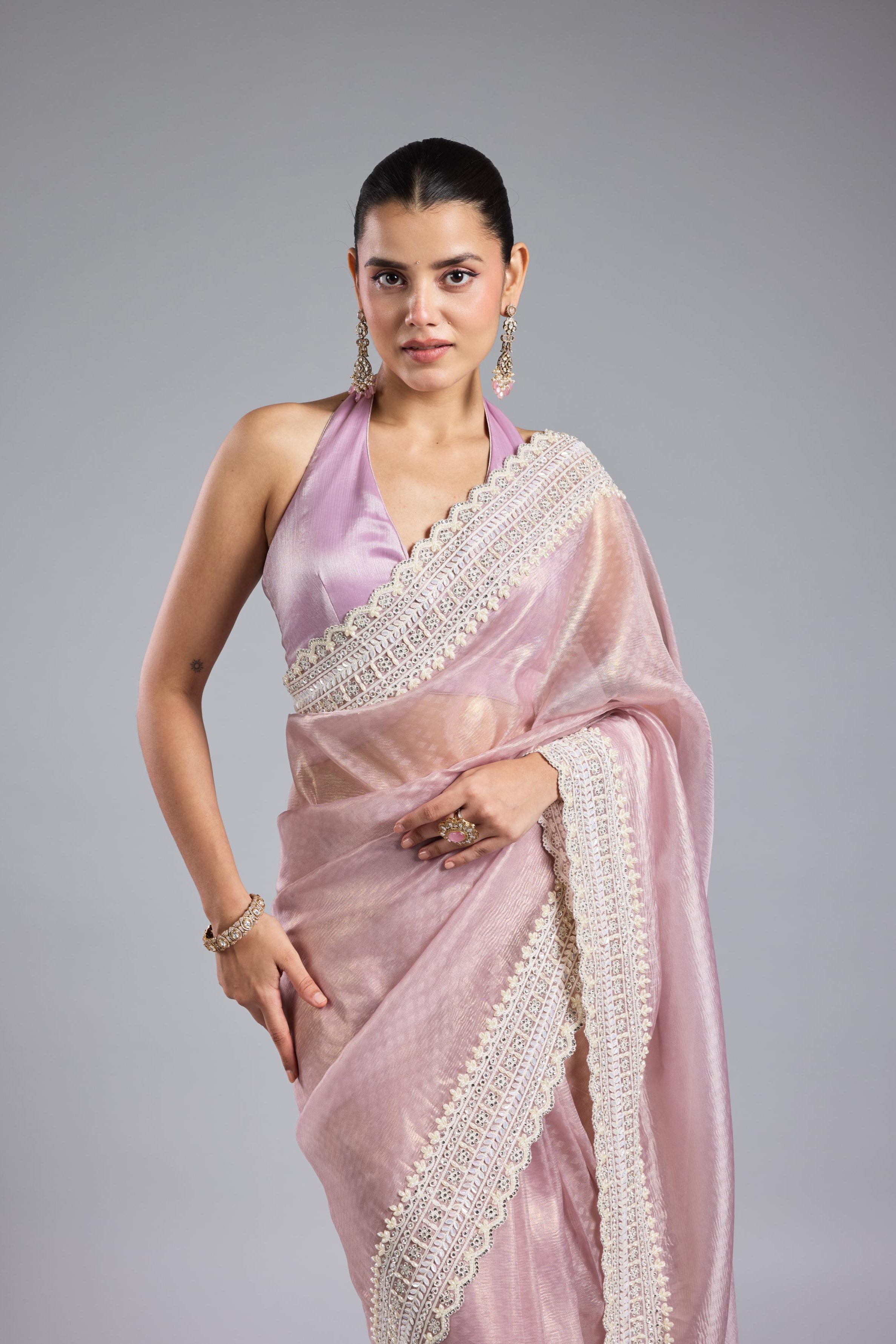 Pastel Pink Embroidered Shimmer Silk Saree