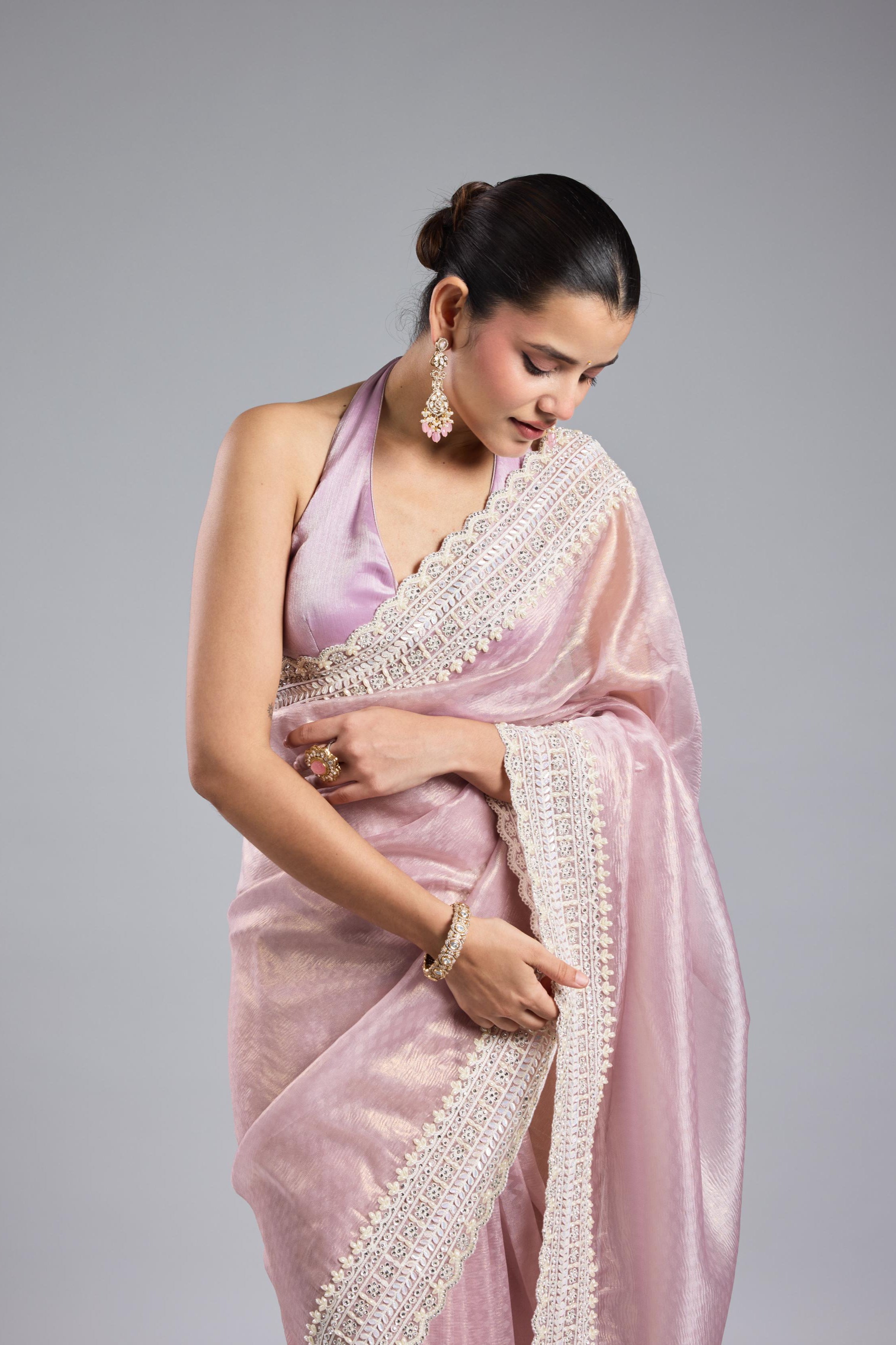 Pastel Pink Embroidered Shimmer Silk Saree