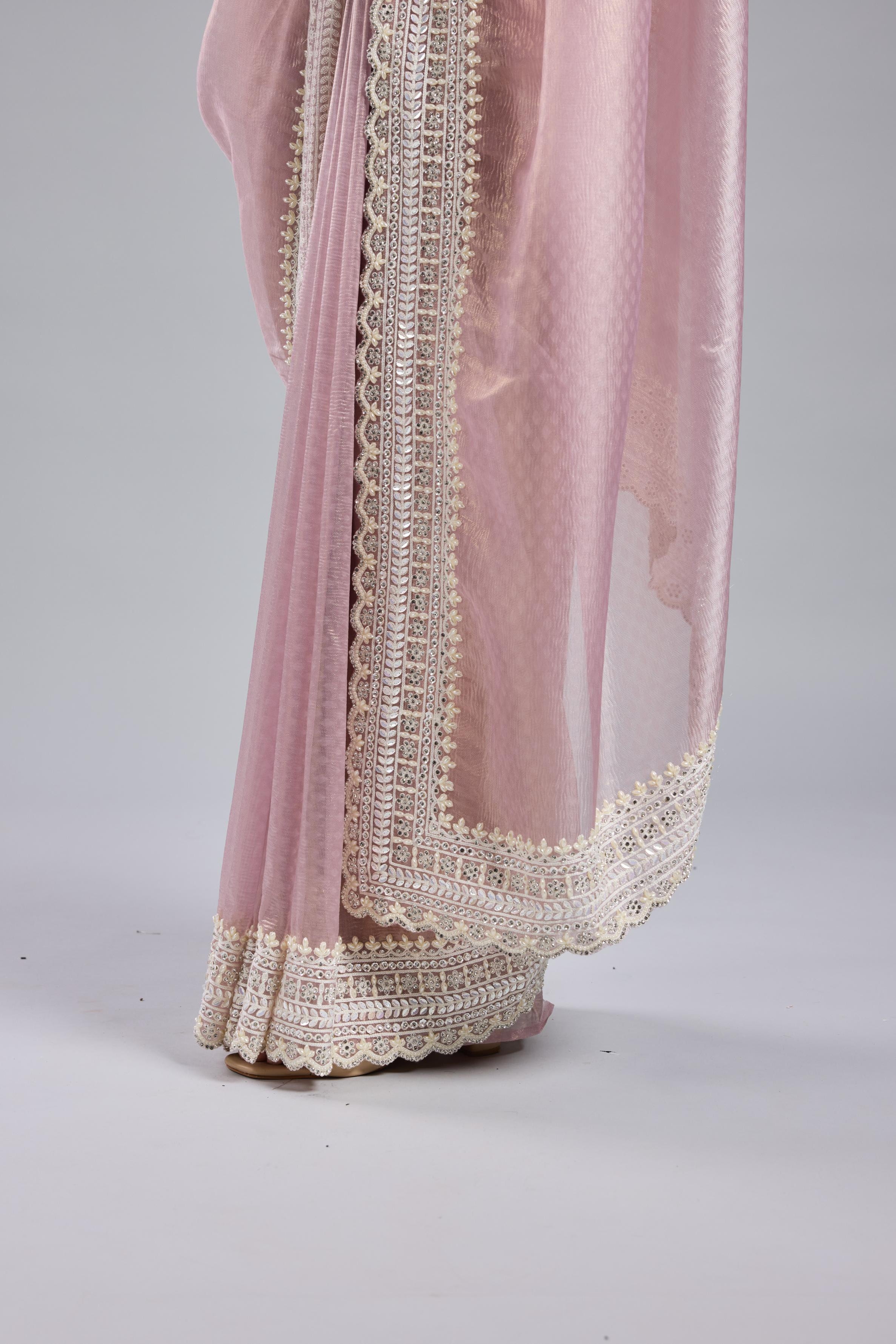 Pastel Pink Embroidered Shimmer Silk Saree
