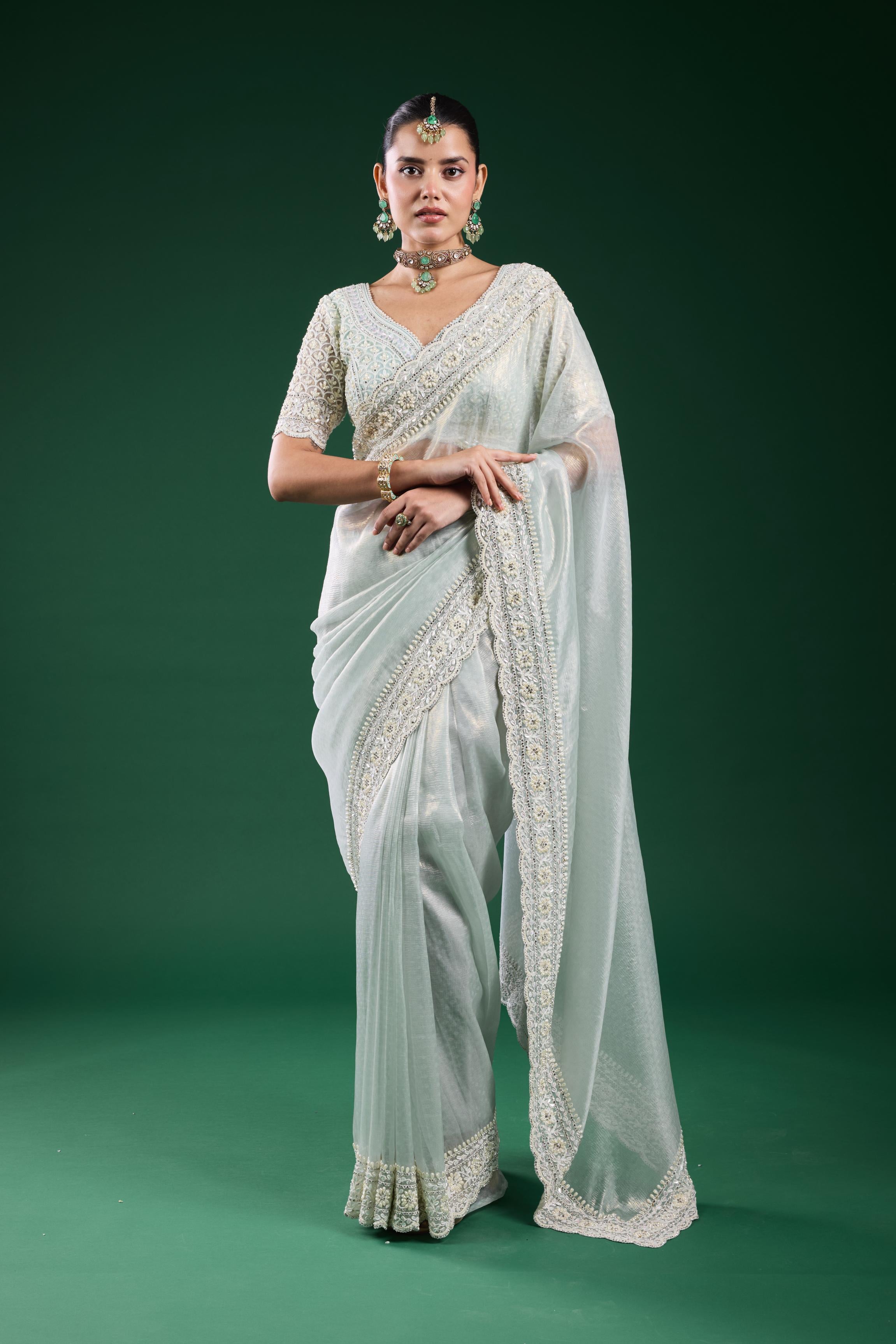 Pastel Blue Embroidered Shimmer Silk Saree