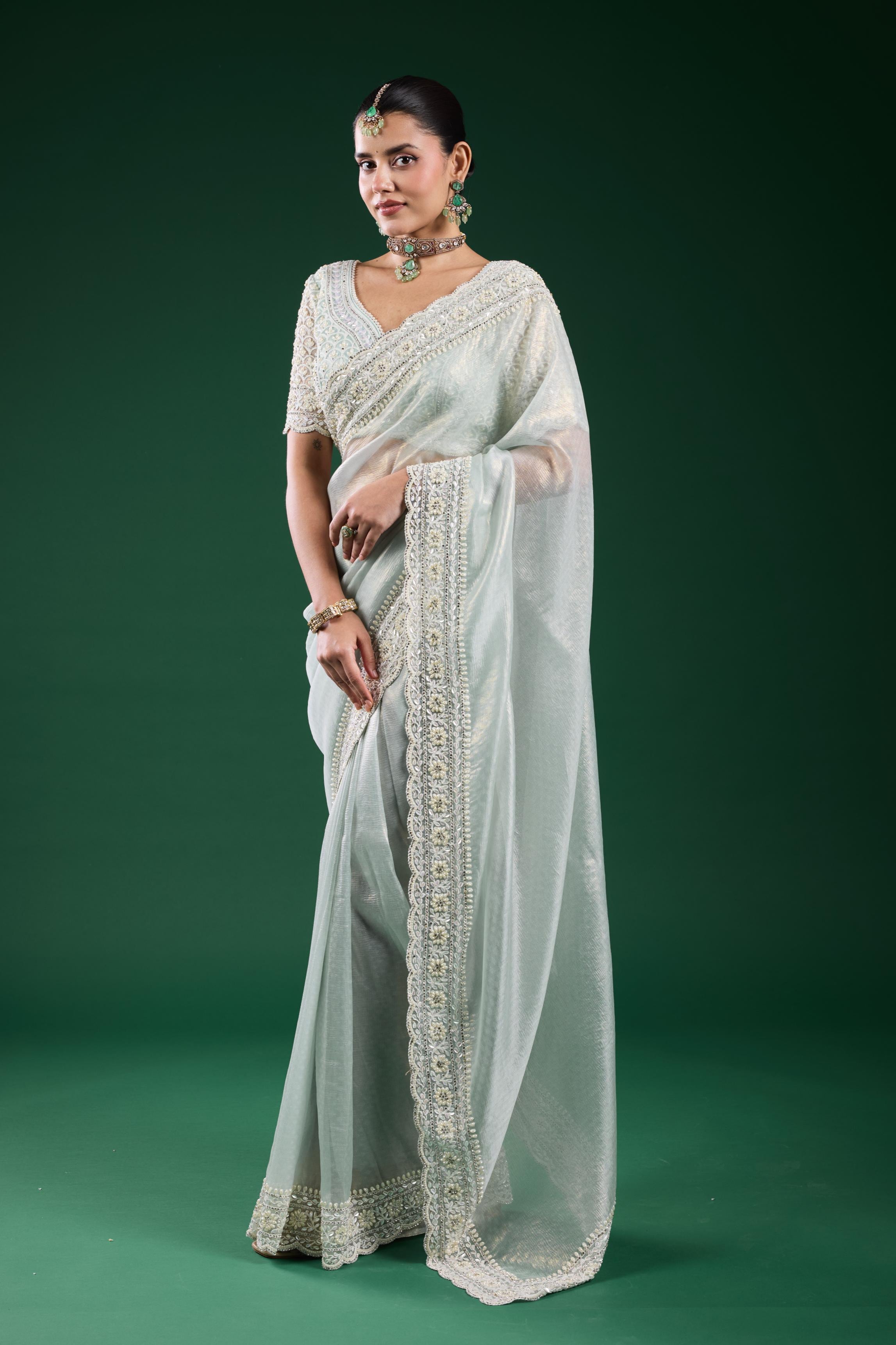 Pastel Blue Embroidered Shimmer Silk Saree