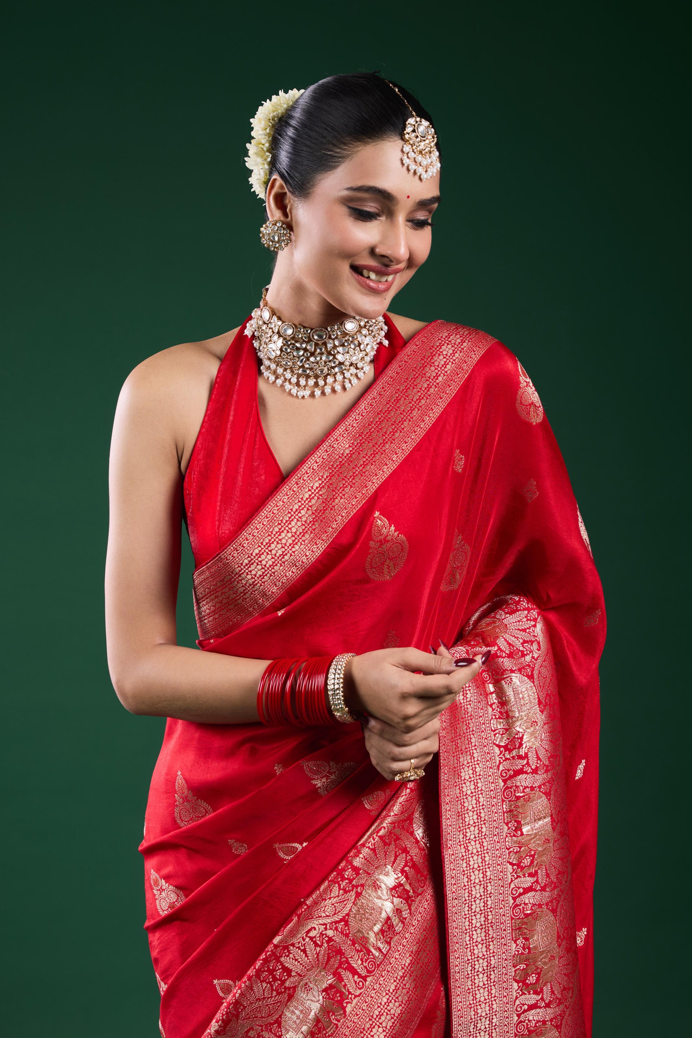 Bright Red Dola Silk Saree