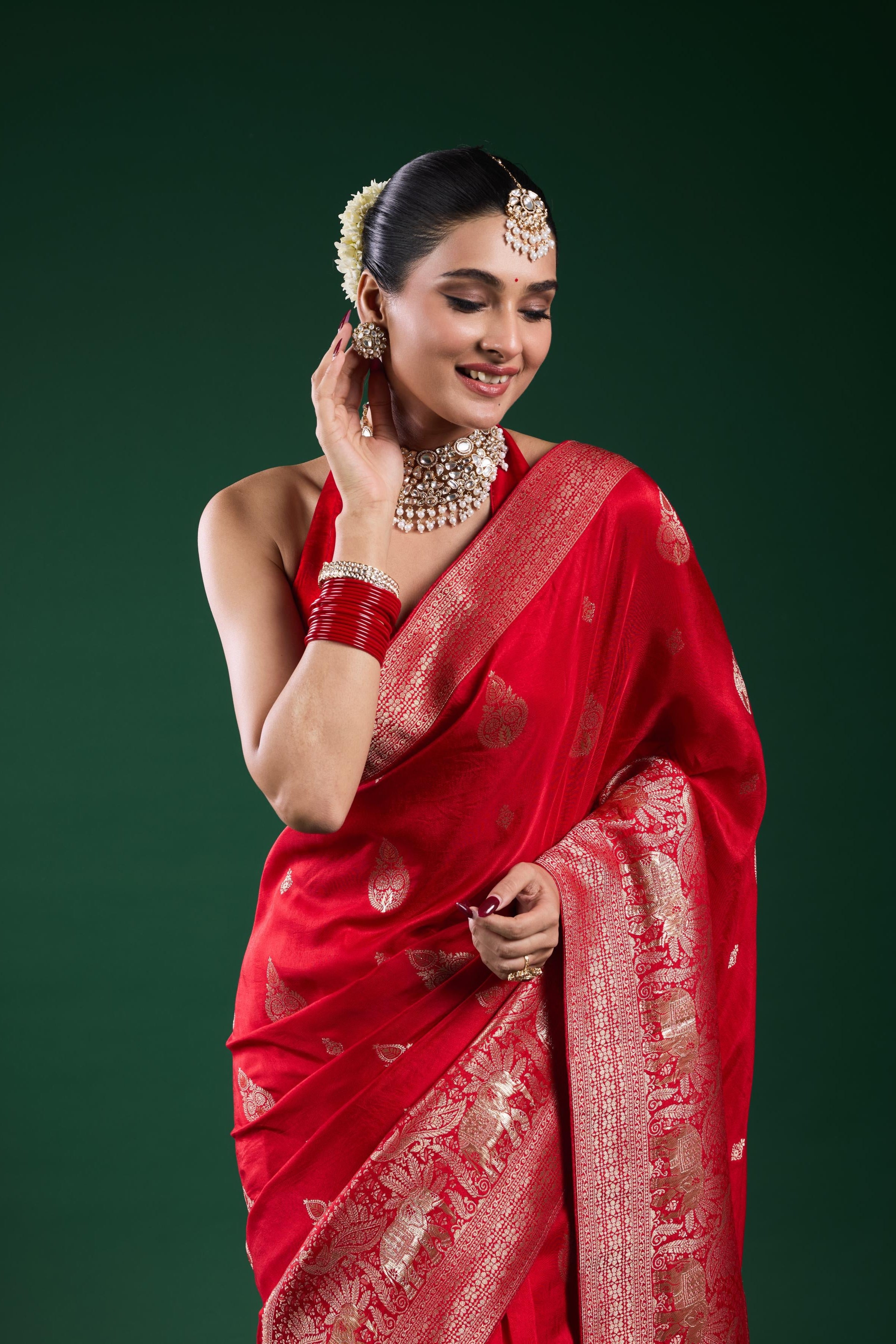 Bright Red Dola Silk Saree