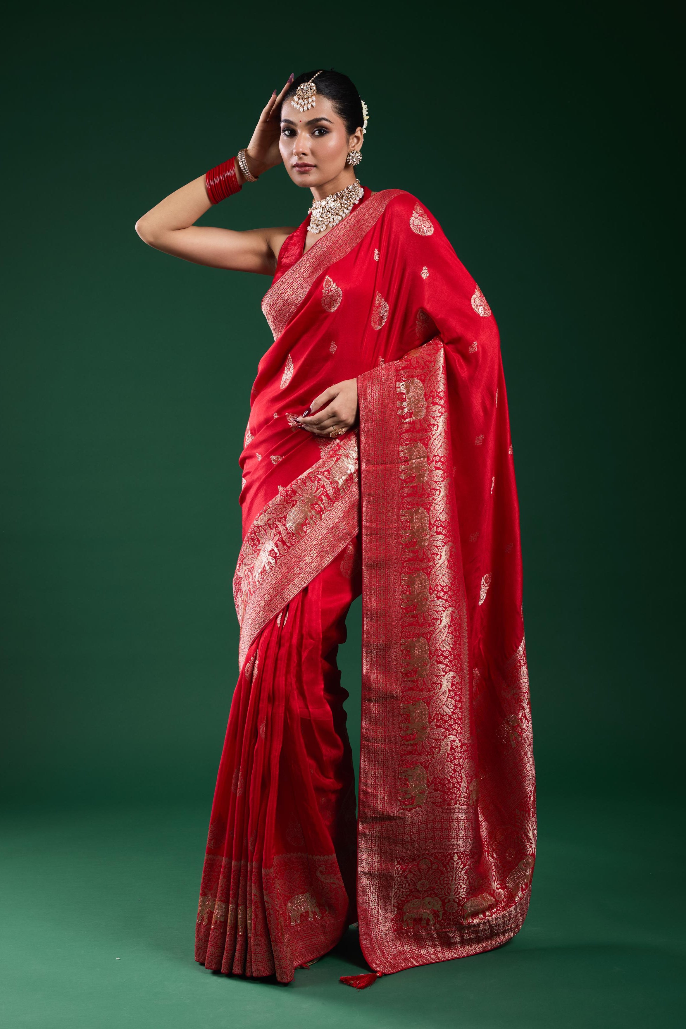Bright Red Dola Silk Saree