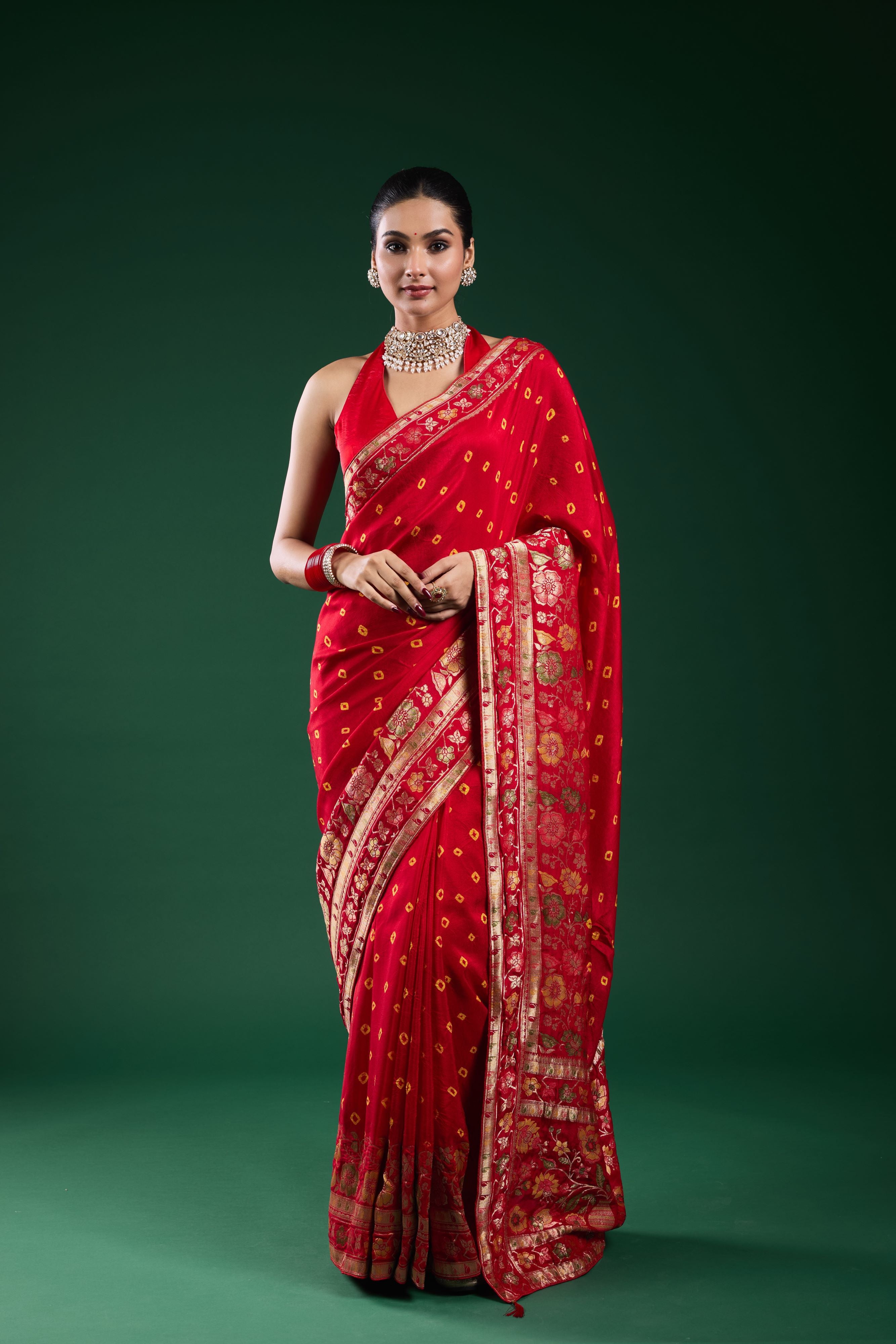 Royal Scarlet Bandhani Dola Silk Saree