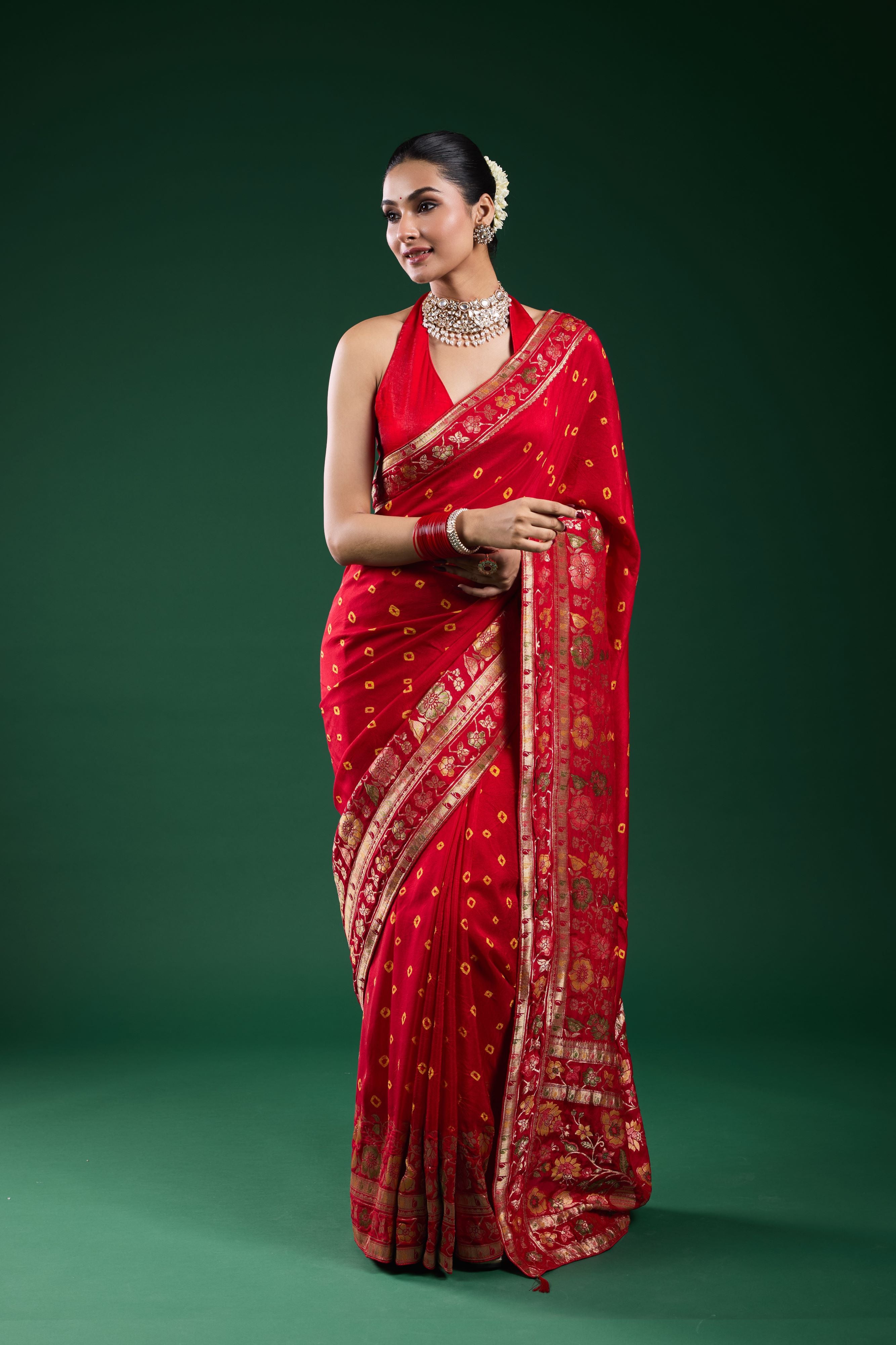 Royal Scarlet Bandhani Dola Silk Saree