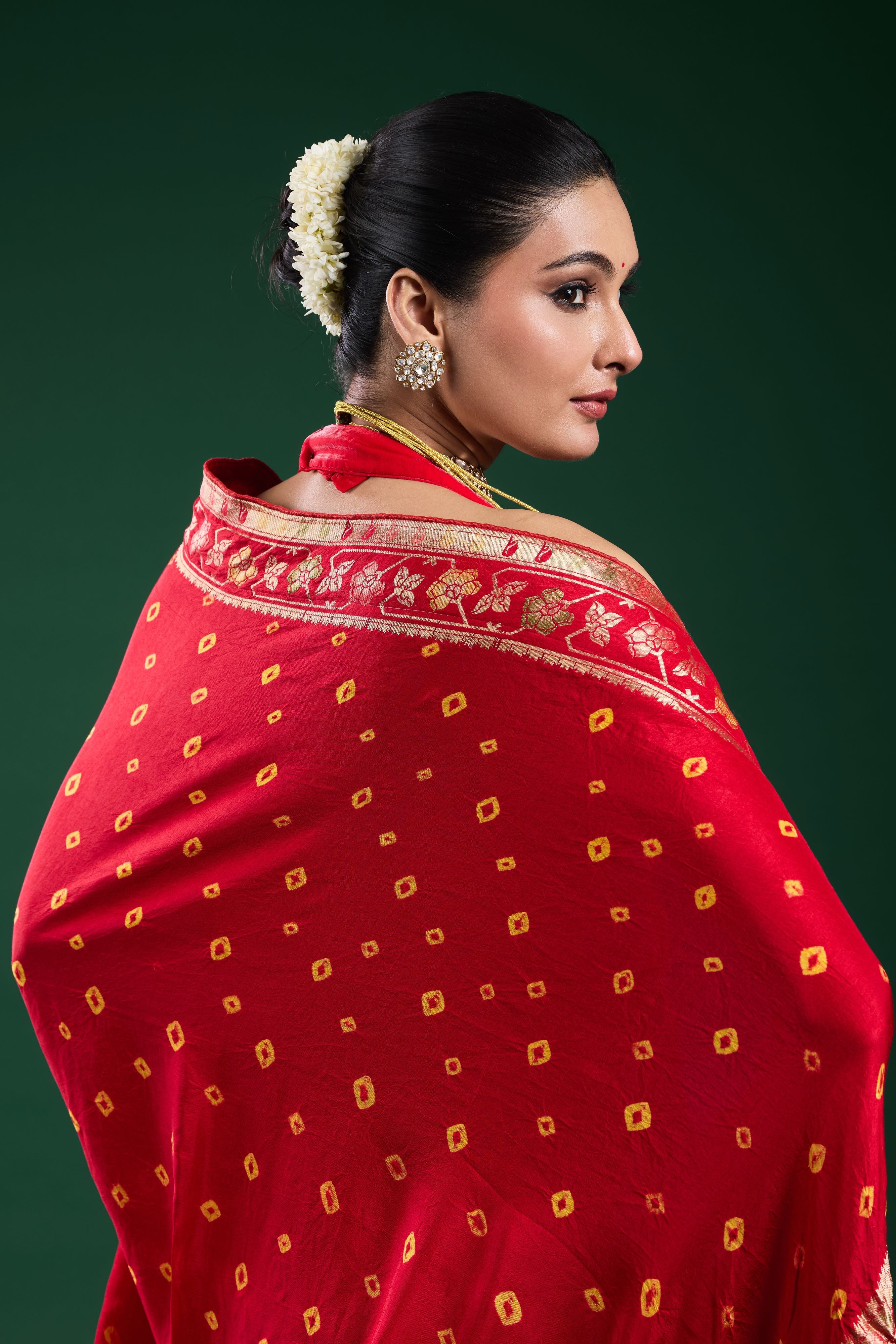 Royal Scarlet Bandhani Dola Silk Saree