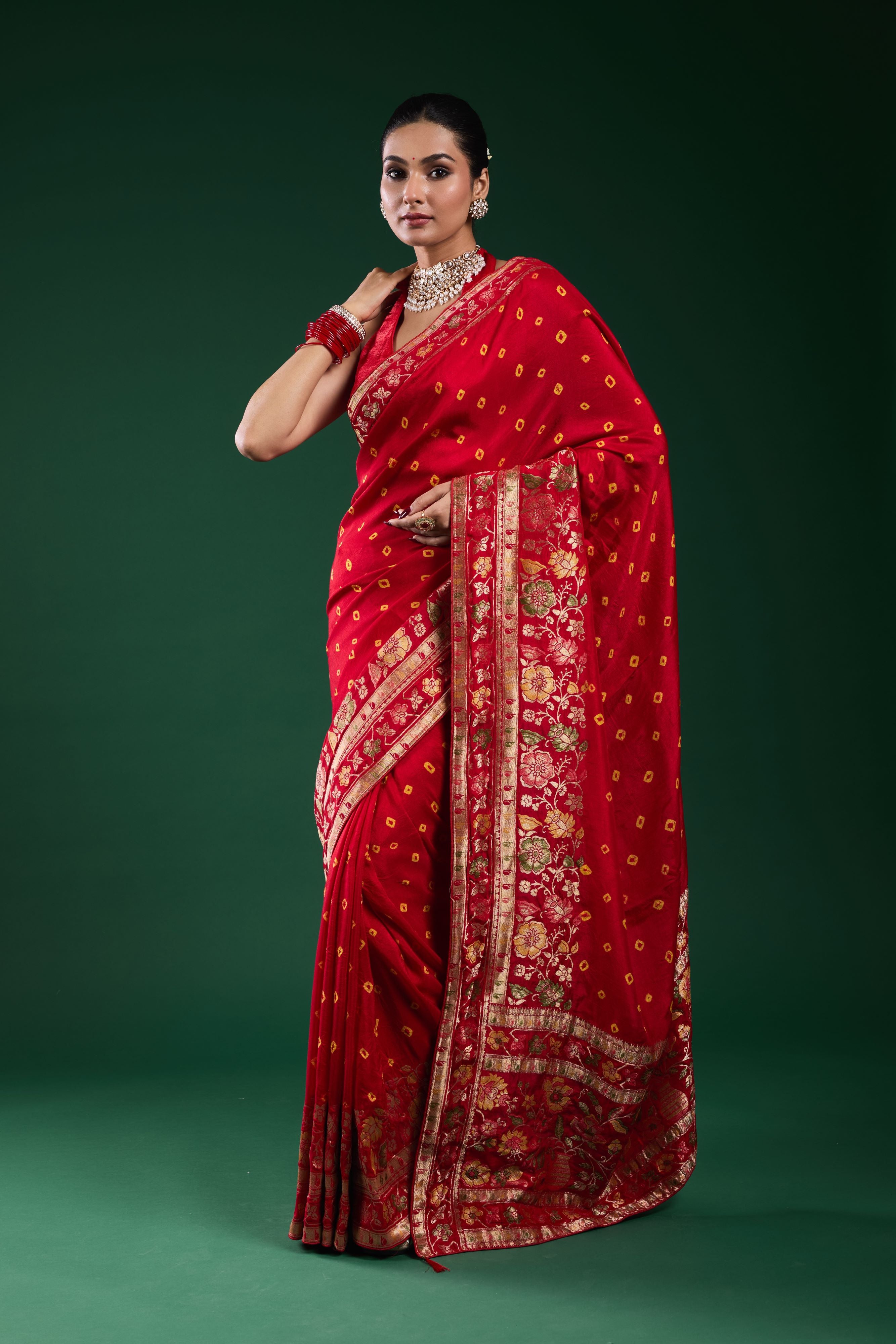 Royal Scarlet Bandhani Dola Silk Saree