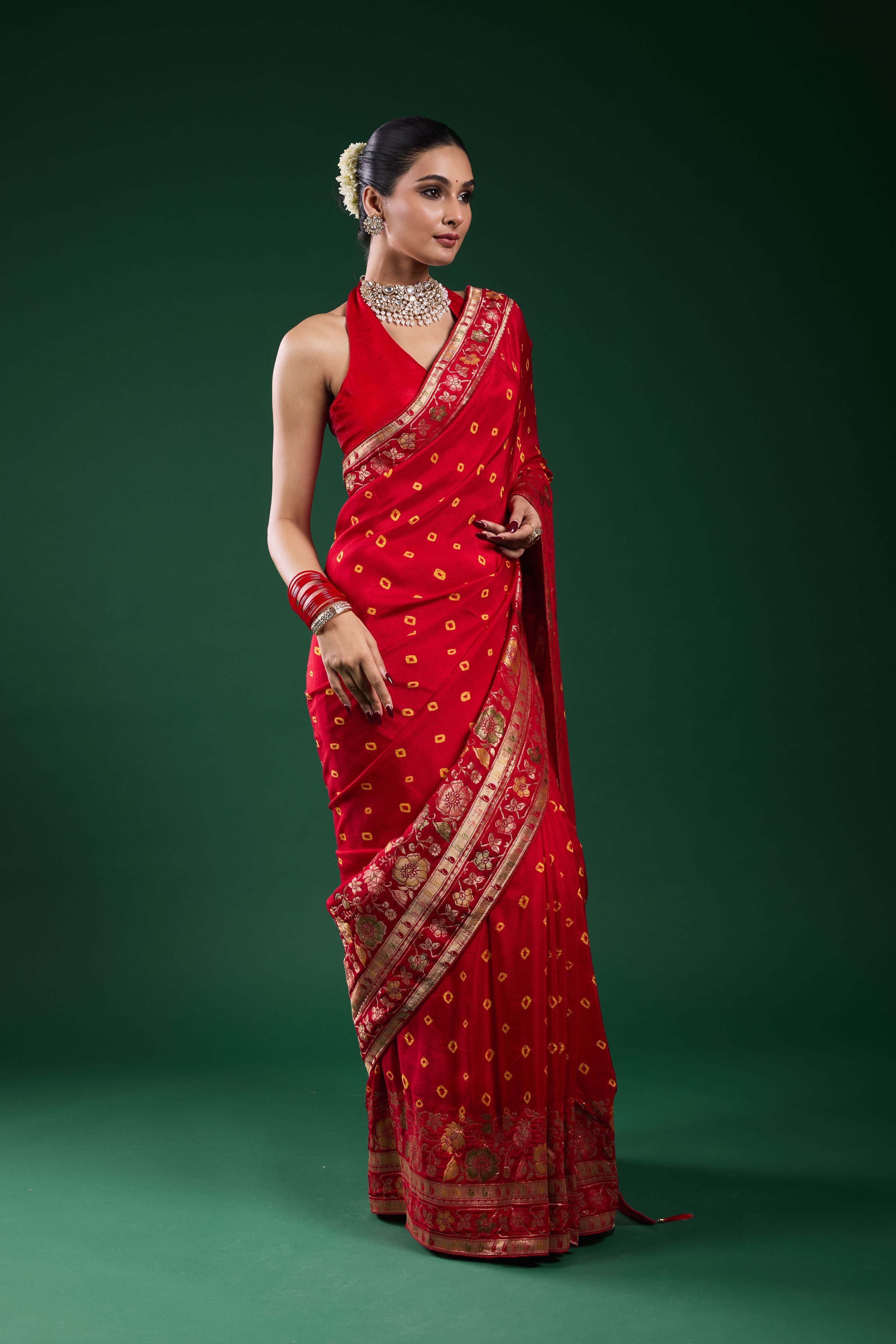 Royal Scarlet Bandhani Dola Silk Saree