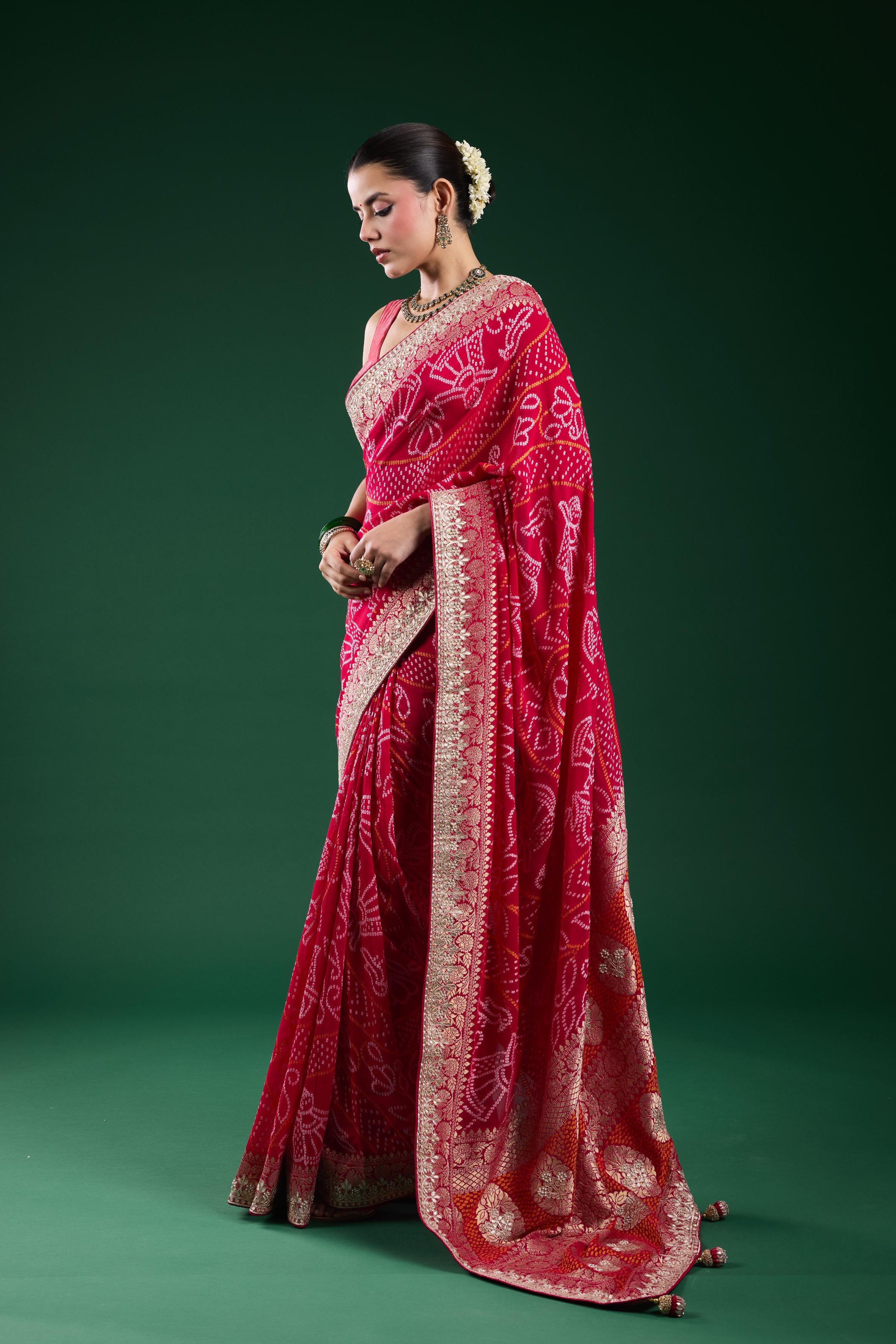 Pink Bandhej Printed Georgette Silk Saree