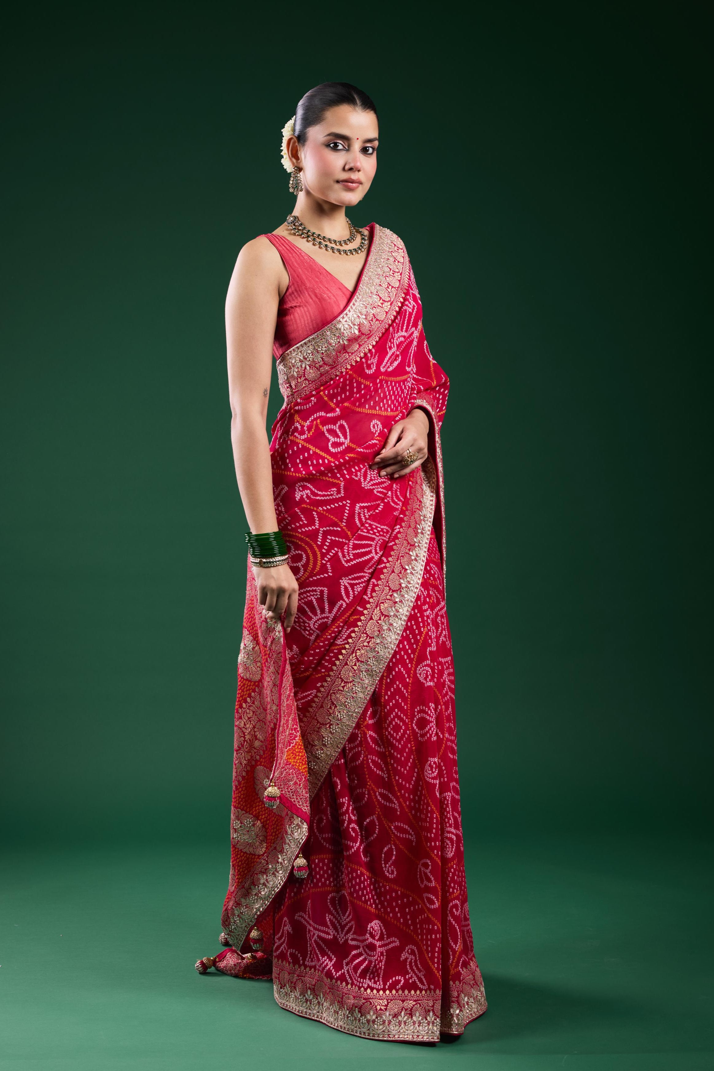 Pink Bandhej Printed Georgette Silk Saree