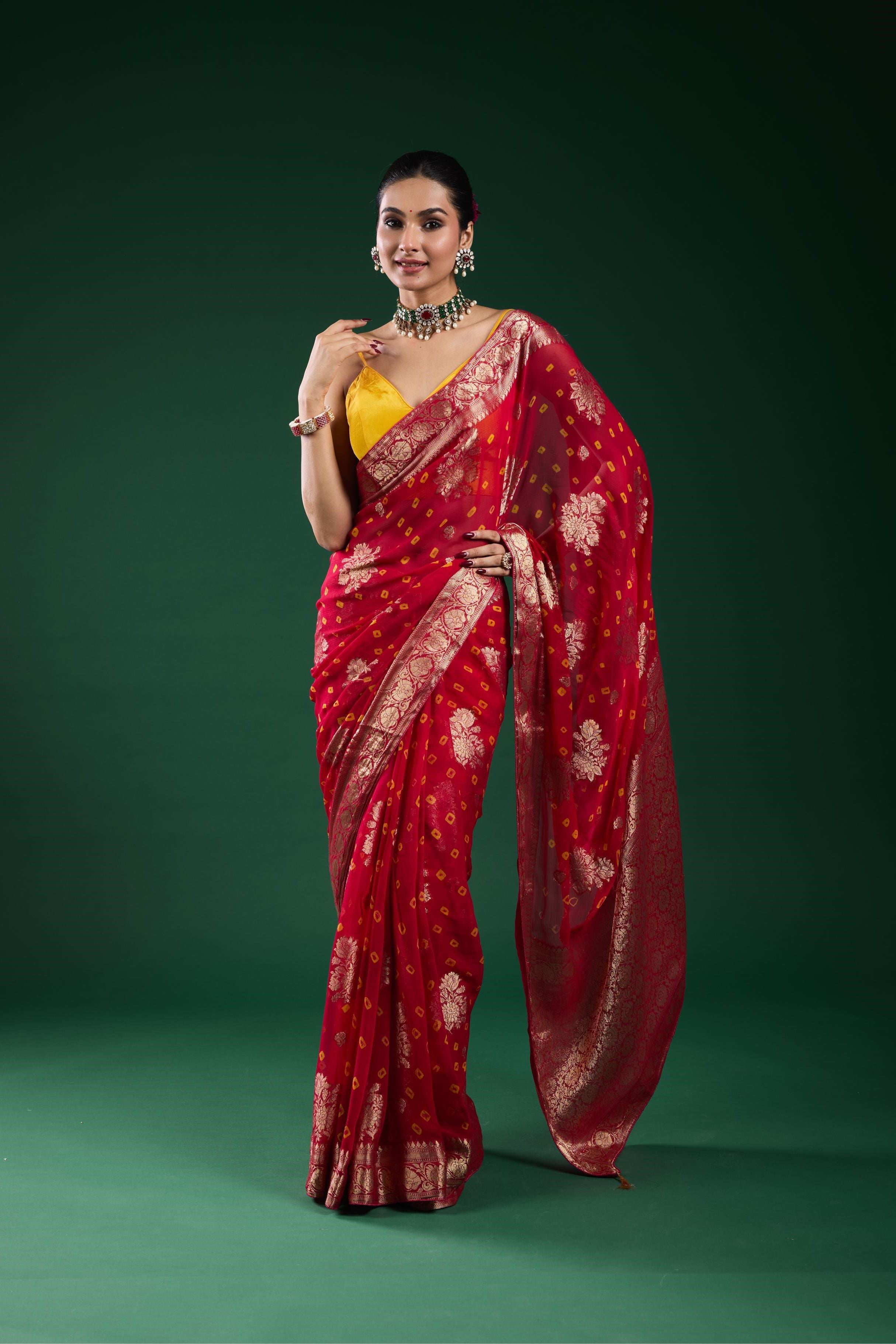 Red Bandhej Dola Silk Saree