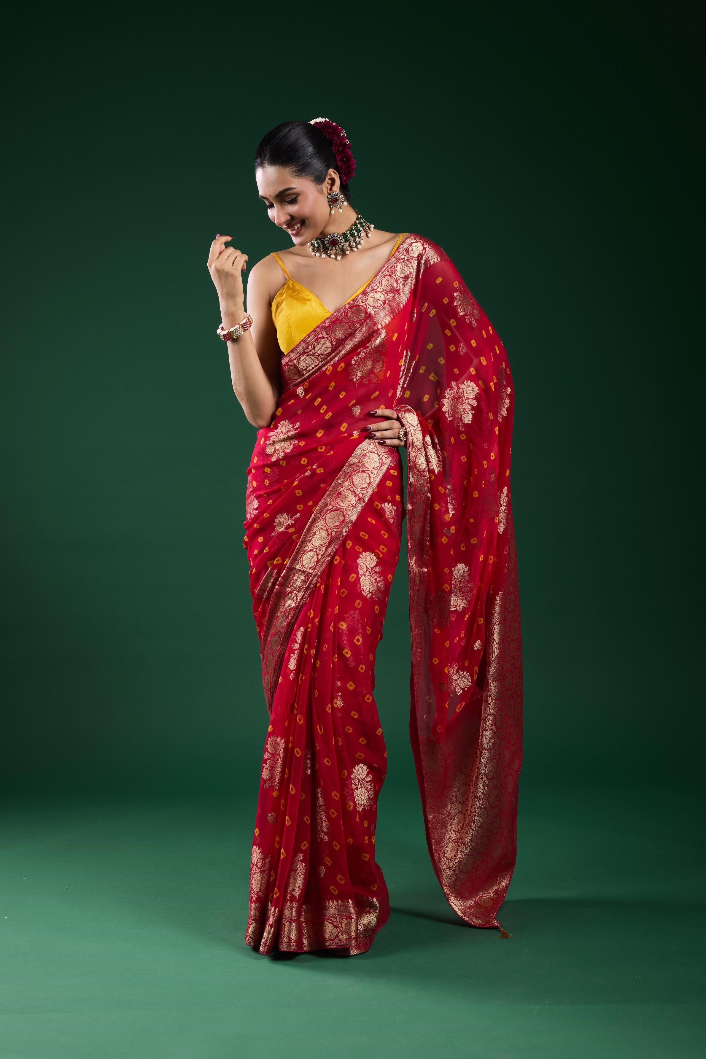 Red Bandhej Dola Silk Saree