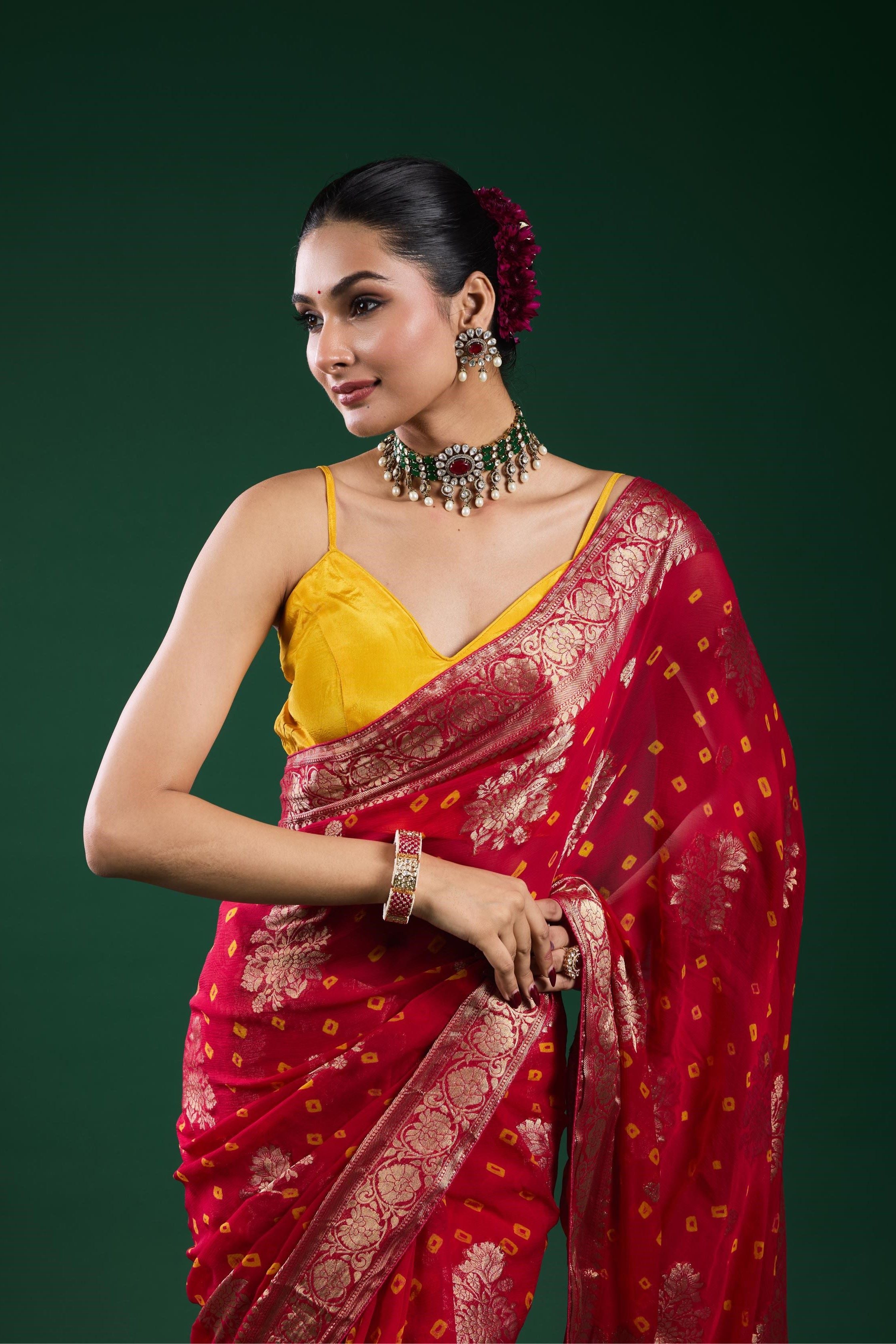 Red Bandhej Dola Silk Saree