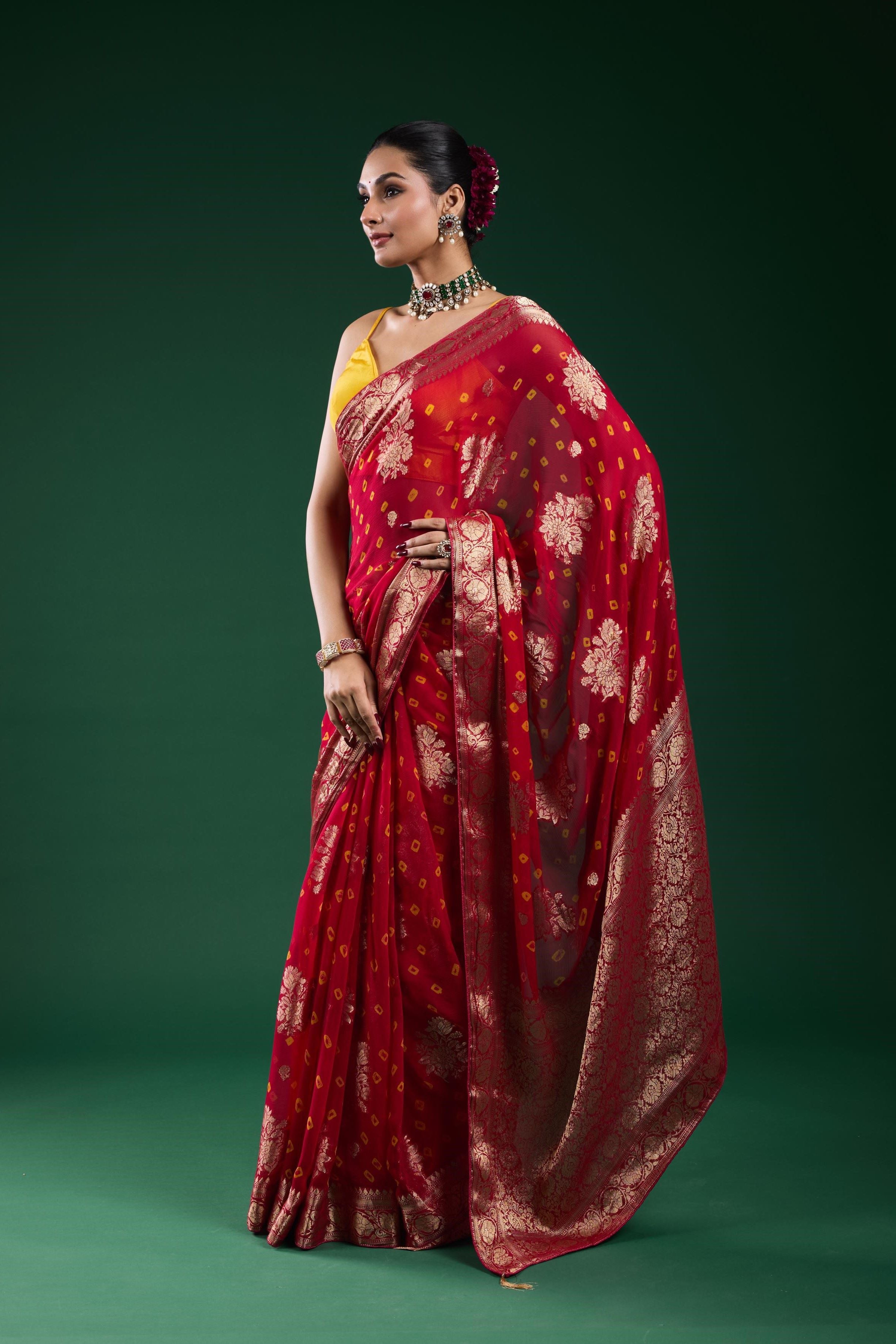 Red Bandhej Dola Silk Saree