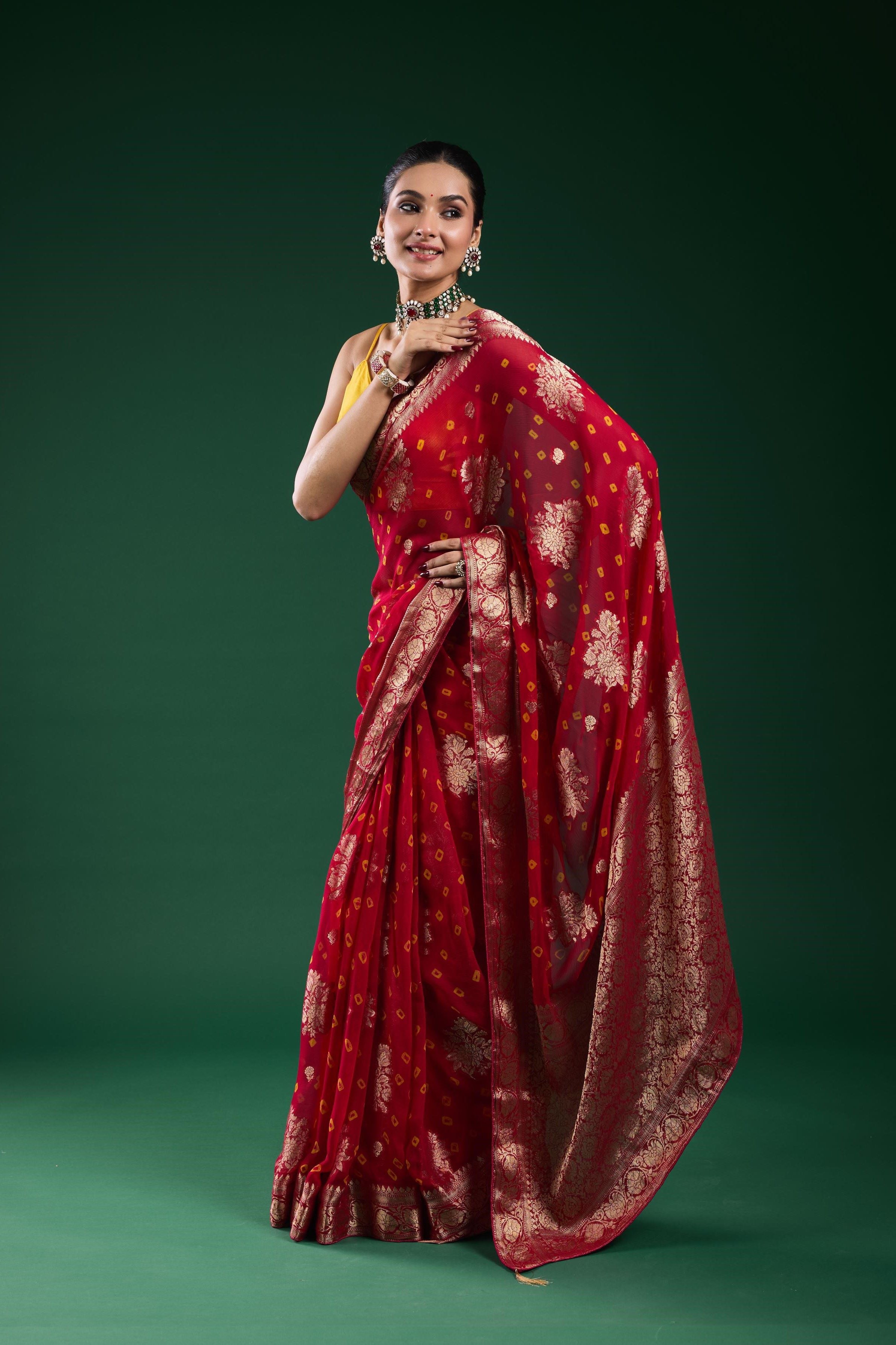 Red Bandhej Dola Silk Saree