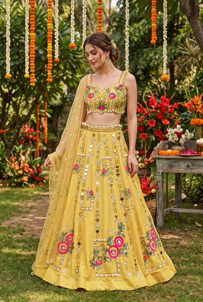 Sunflower Yellow Embellished Crepe Silk Lehenga Set