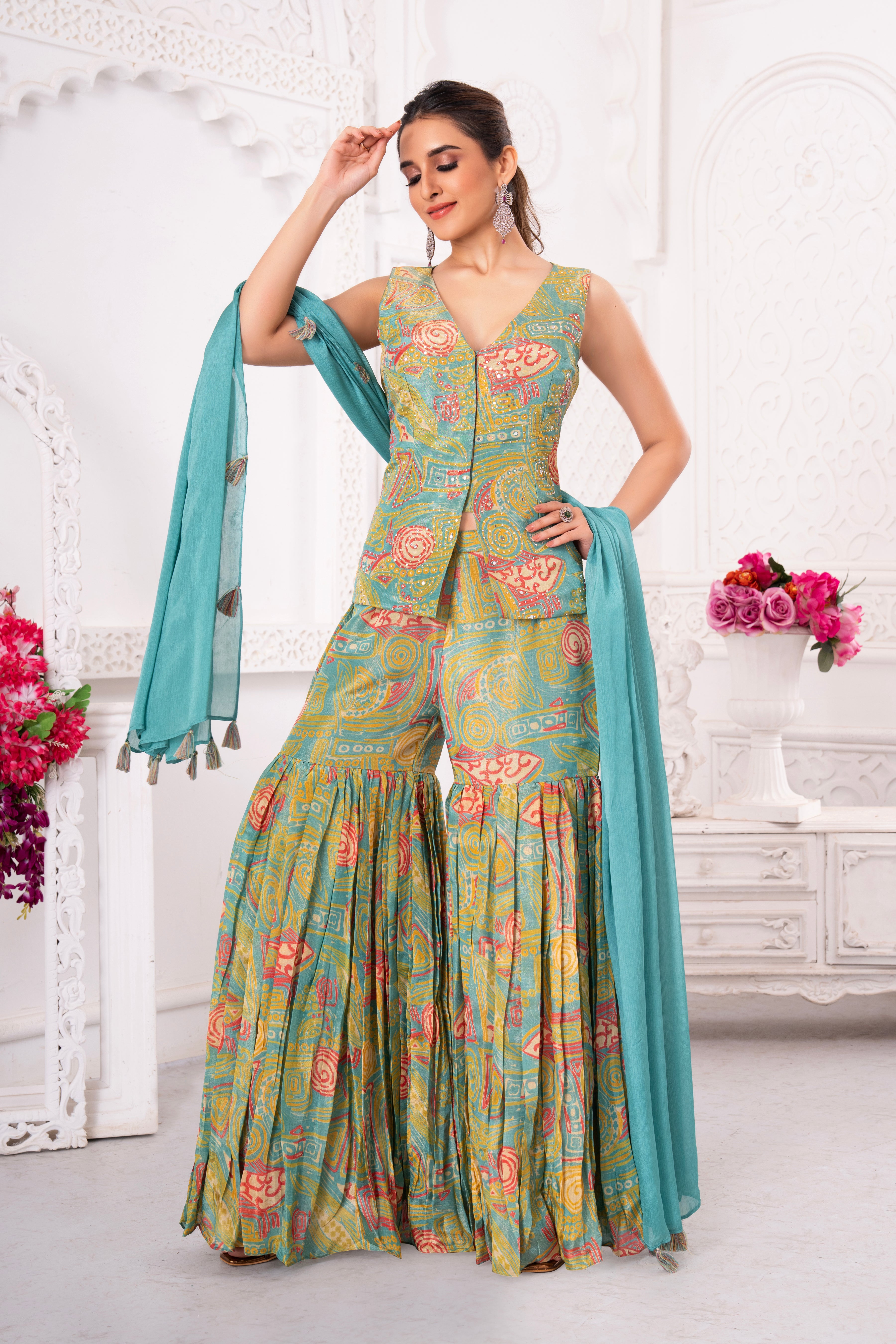 Floral Green Tissue Silk Sharara Set