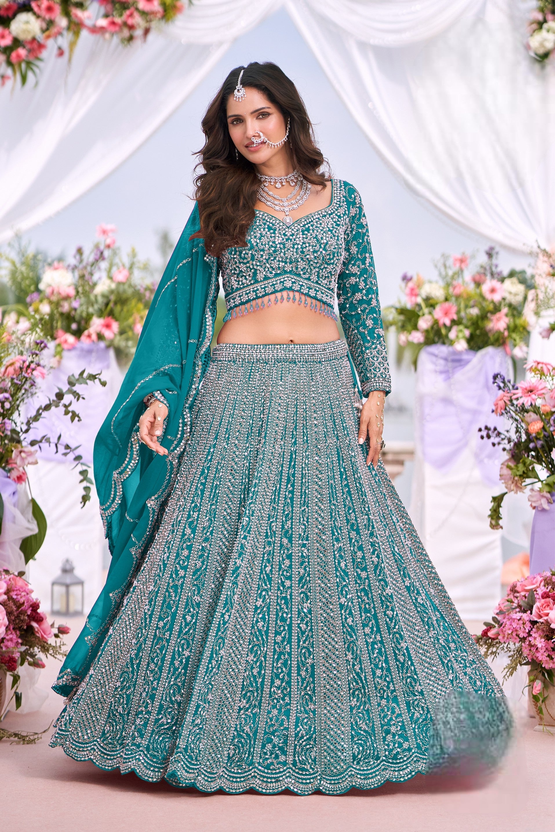 Teal Blue Embellished Georgette Silk Lehenga Set