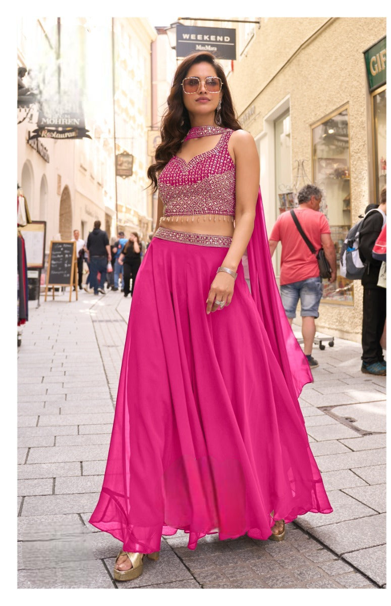Dark Pink Embellished Georgette Silk Palazzo Set