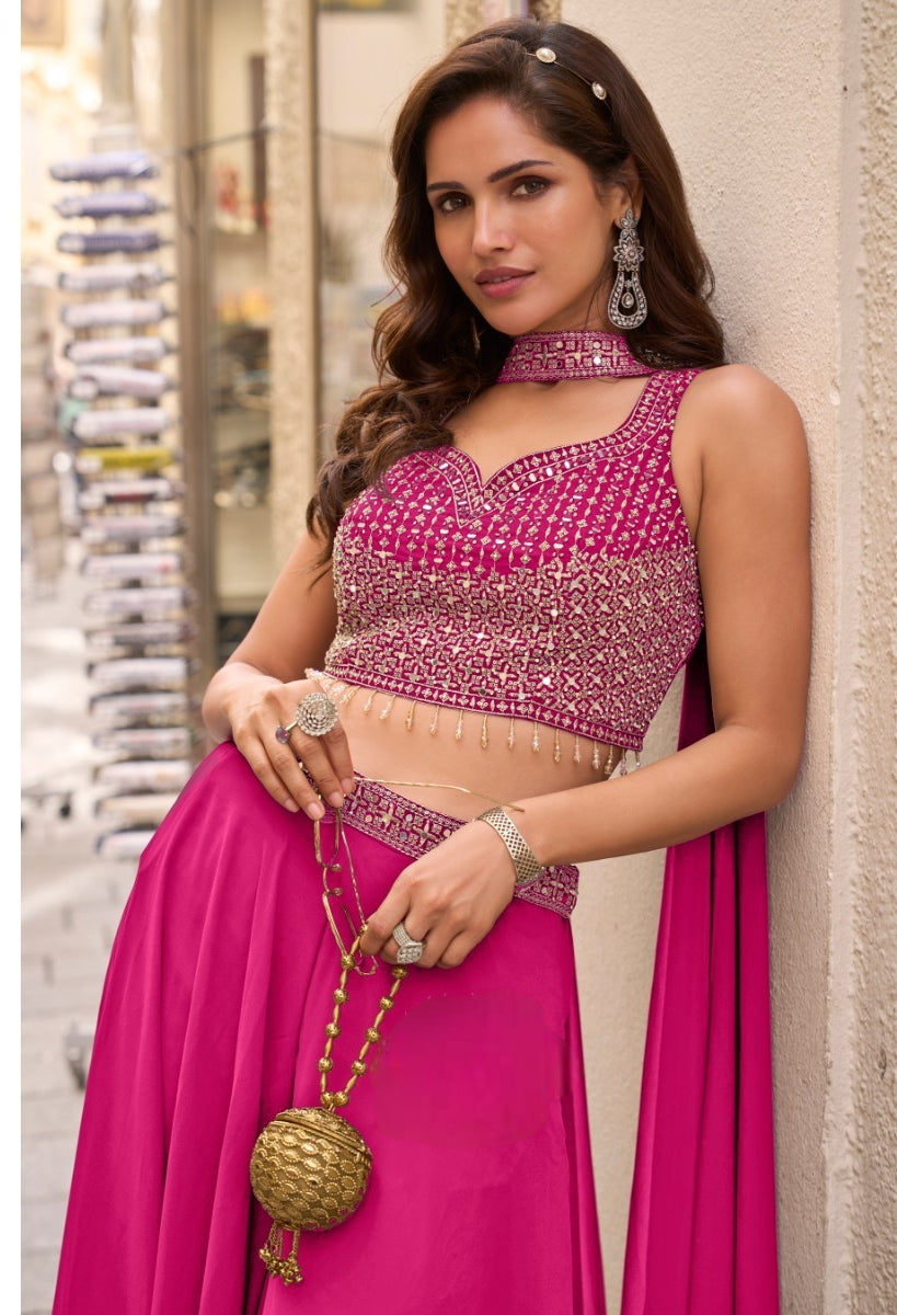 Dark Pink Embellished Georgette Silk Palazzo Set