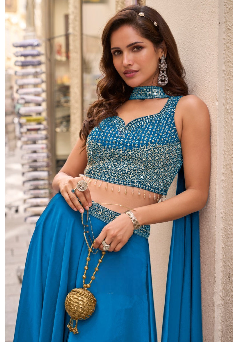 Teal Blue Embellished Georgette Silk Palazzo Set