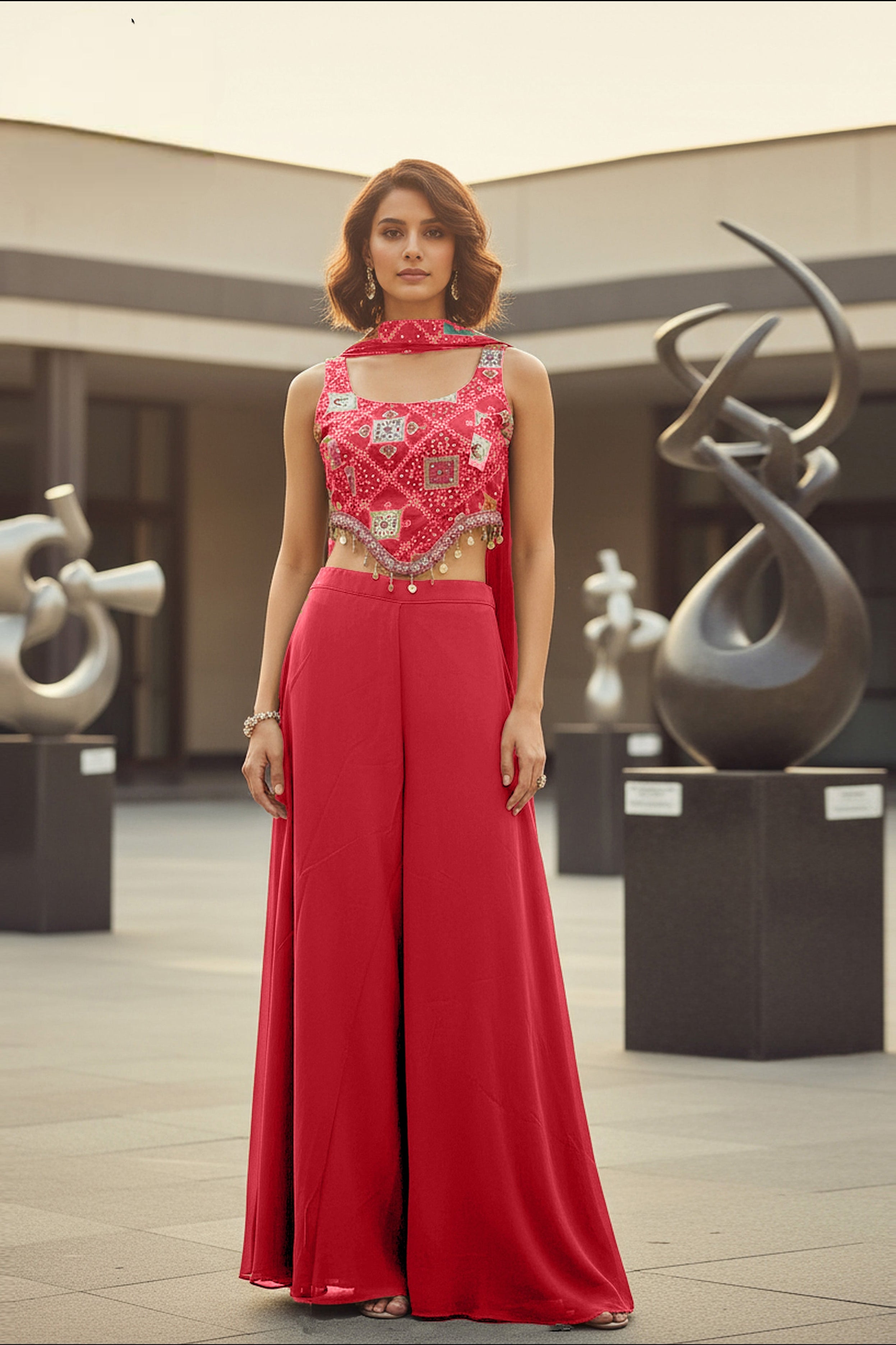 Hot Pink Embellished Georgette Silk Palazzo Set