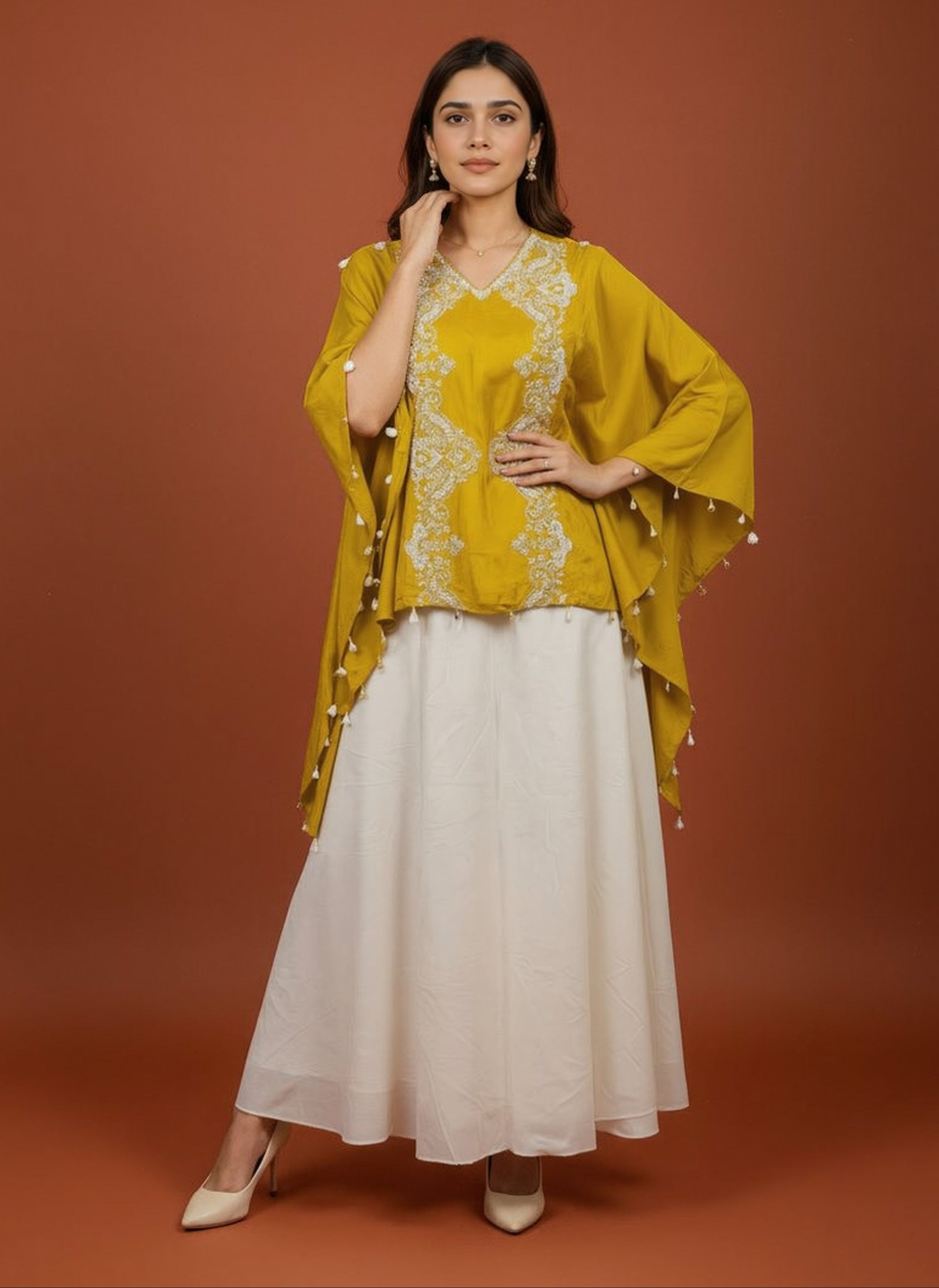 Mustard Yellow Embellished Raw Silk Kaftan Set