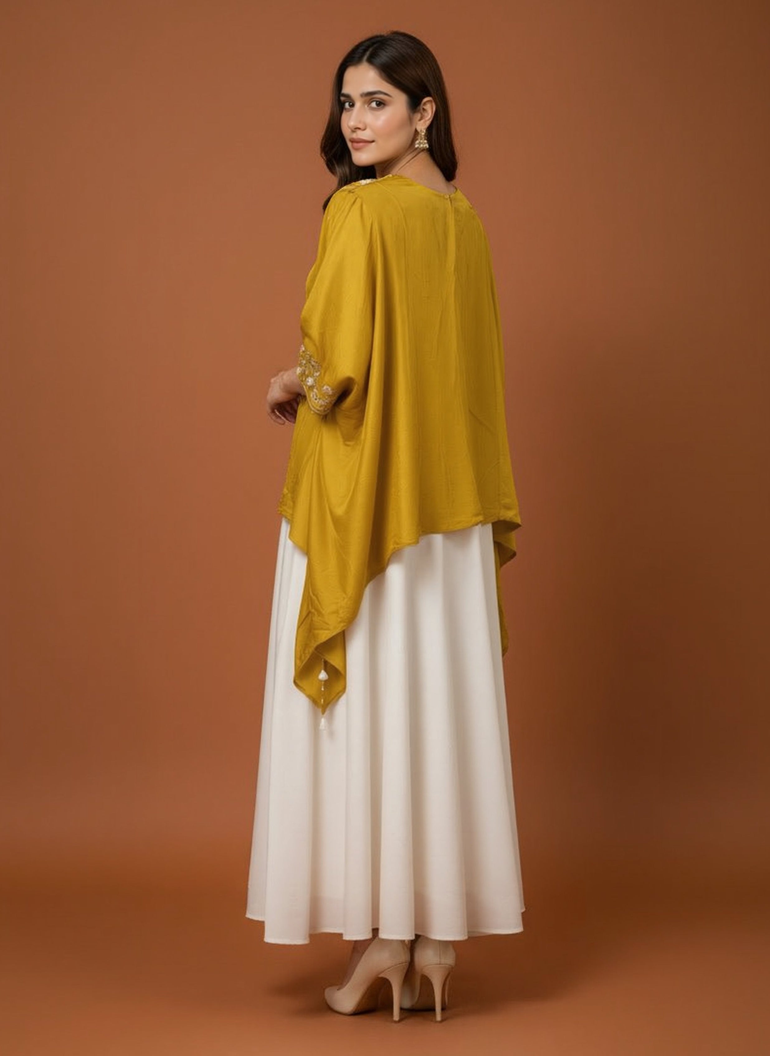 Mustard Yellow Embellished Raw Silk Kaftan Set