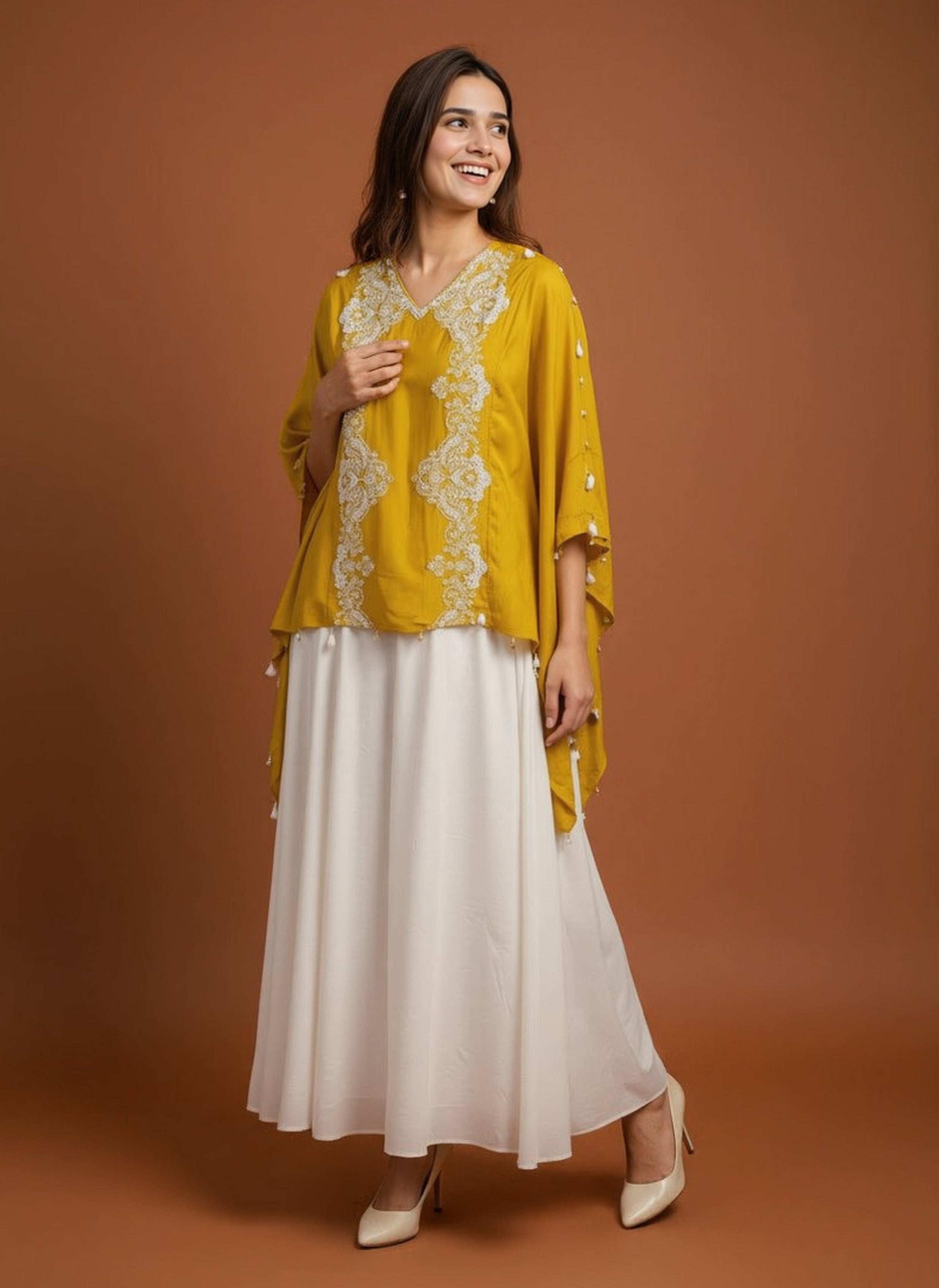 Mustard Yellow Embellished Raw Silk Kaftan Set