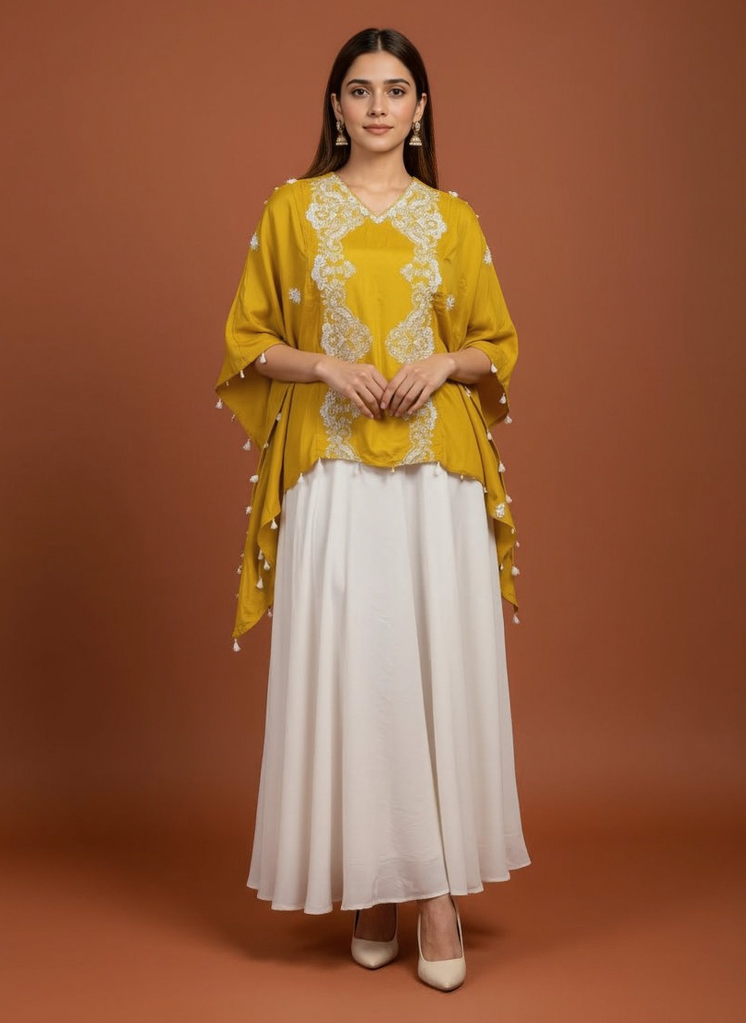 Mustard Yellow Embellished Raw Silk Kaftan Set