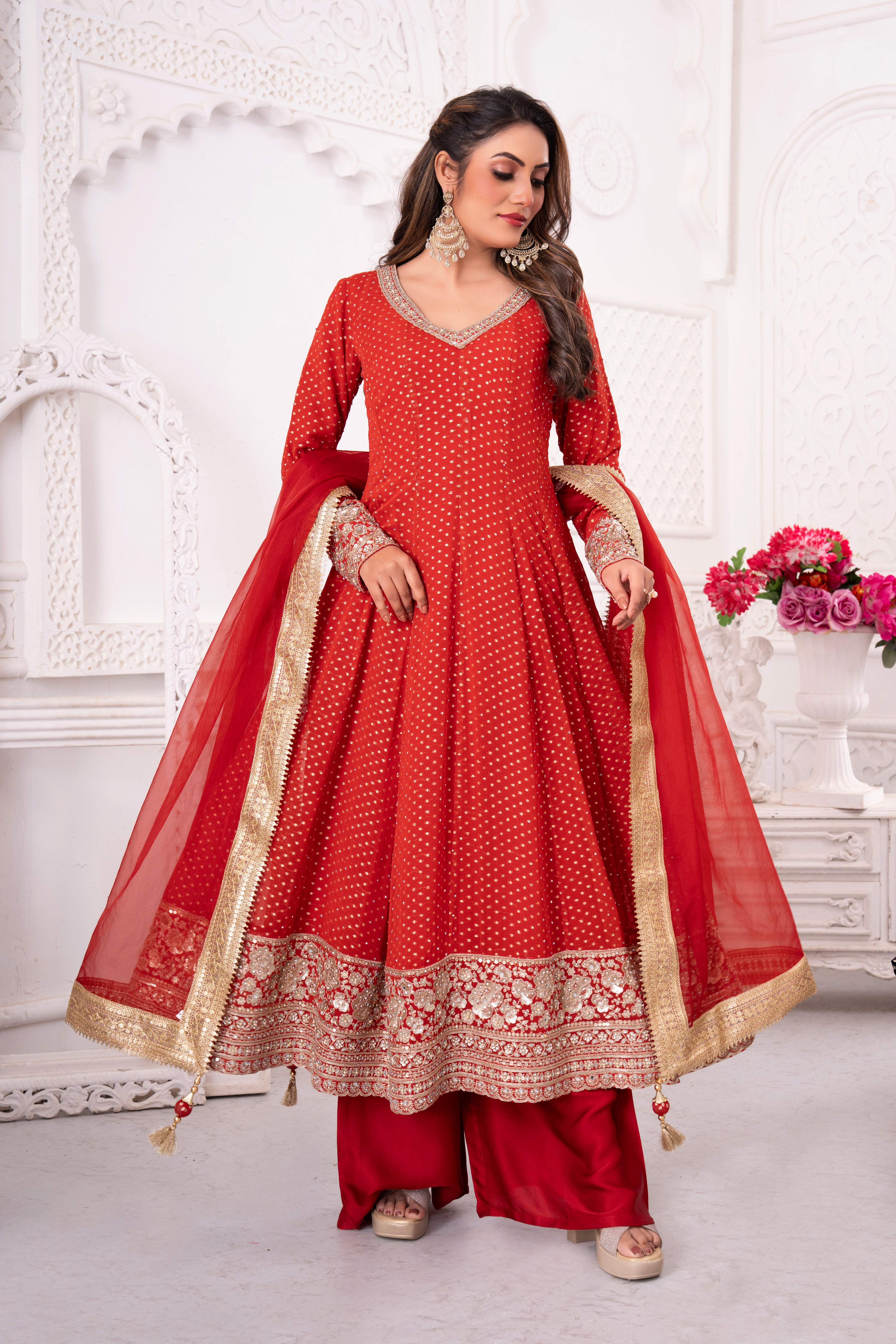 Red Golden Embellished Anarkali Set