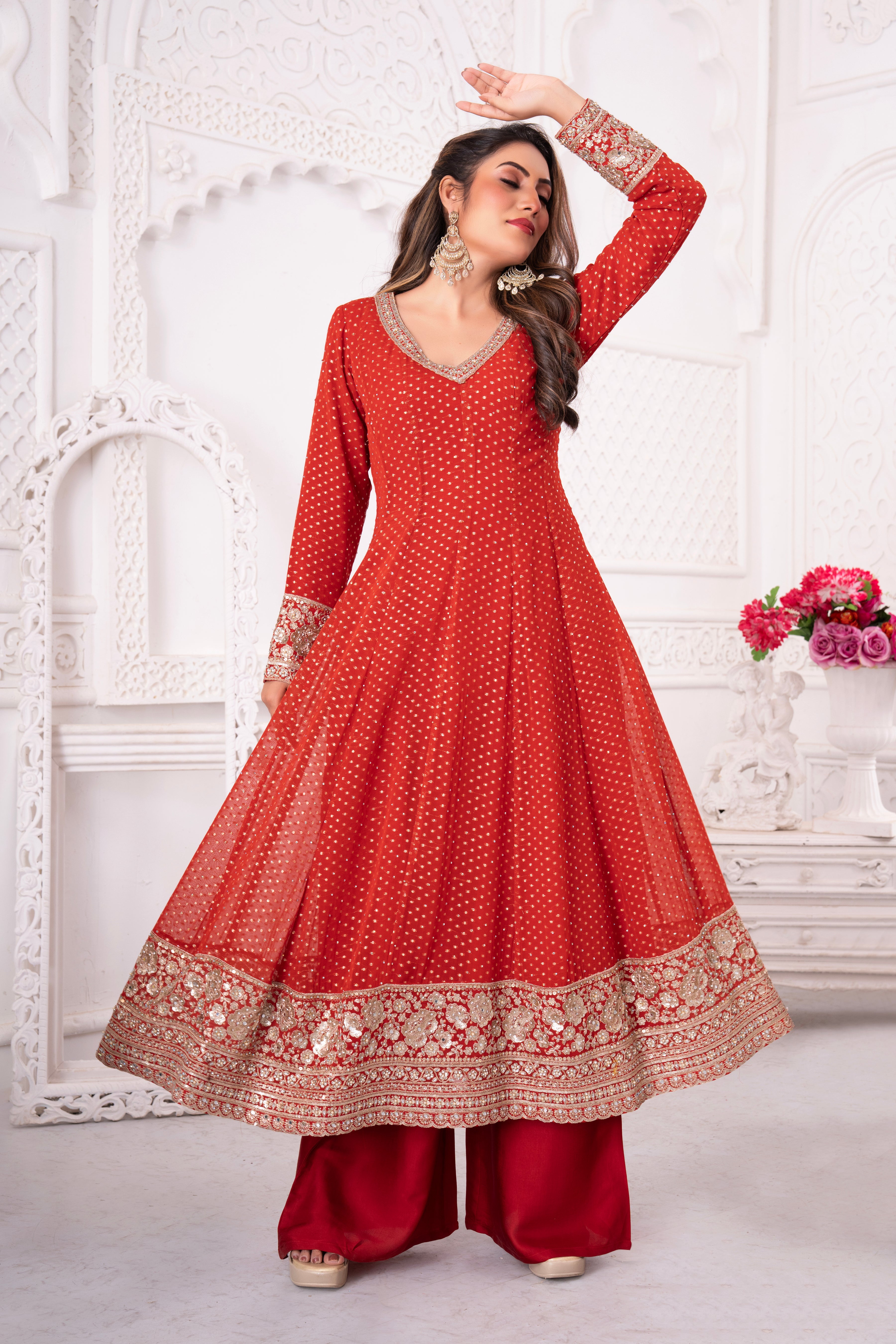 Red Golden Embellished Anarkali Set