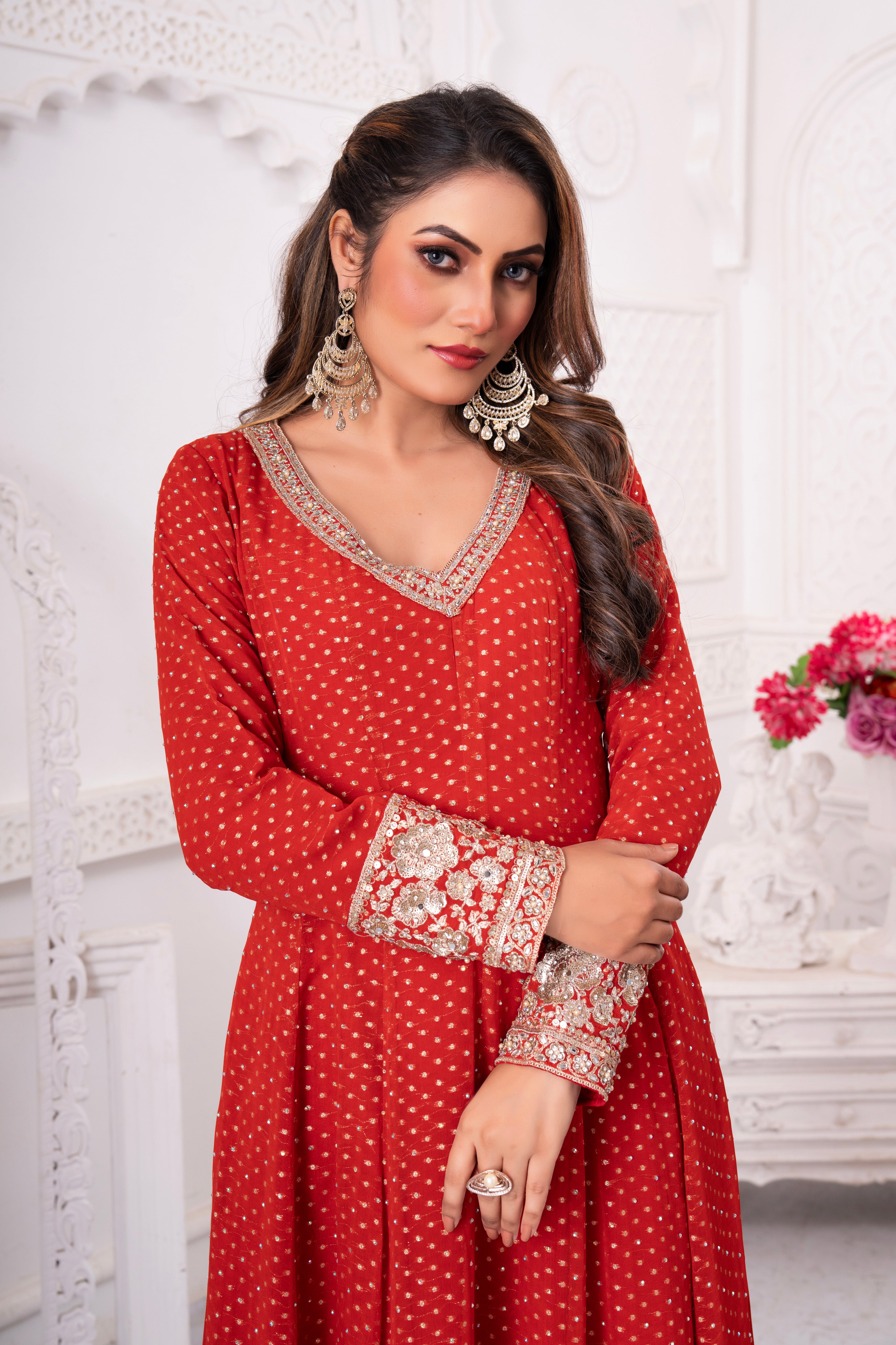 Red Golden Embellished Anarkali Set