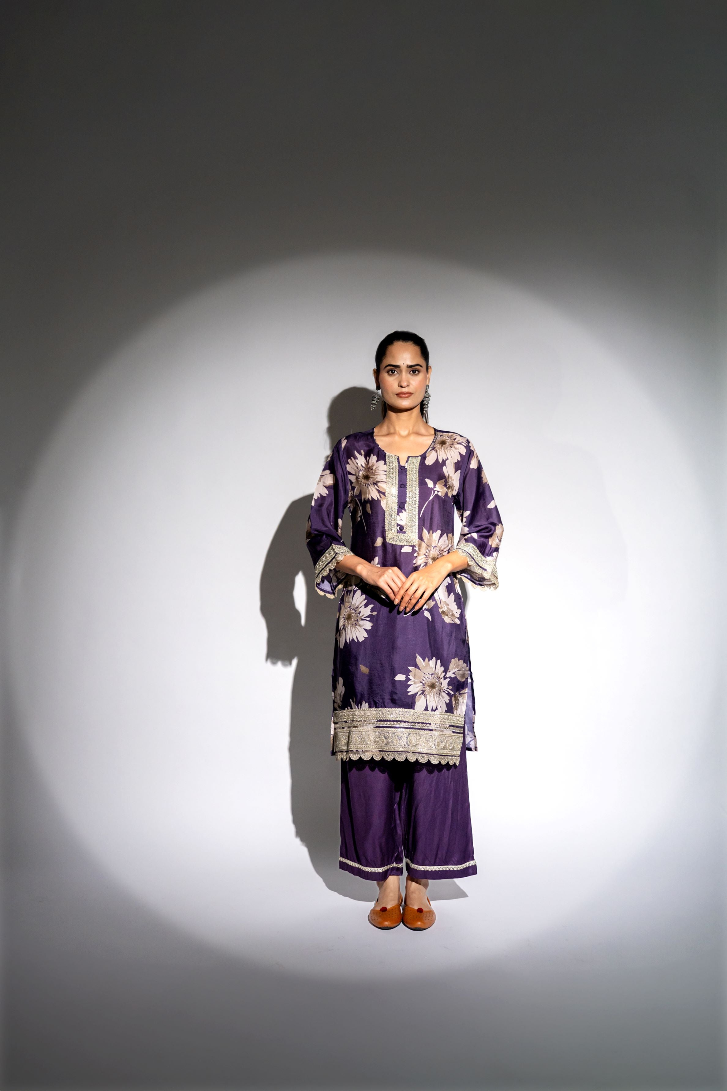Purple Floral Printed Premium Silk Kurta Set