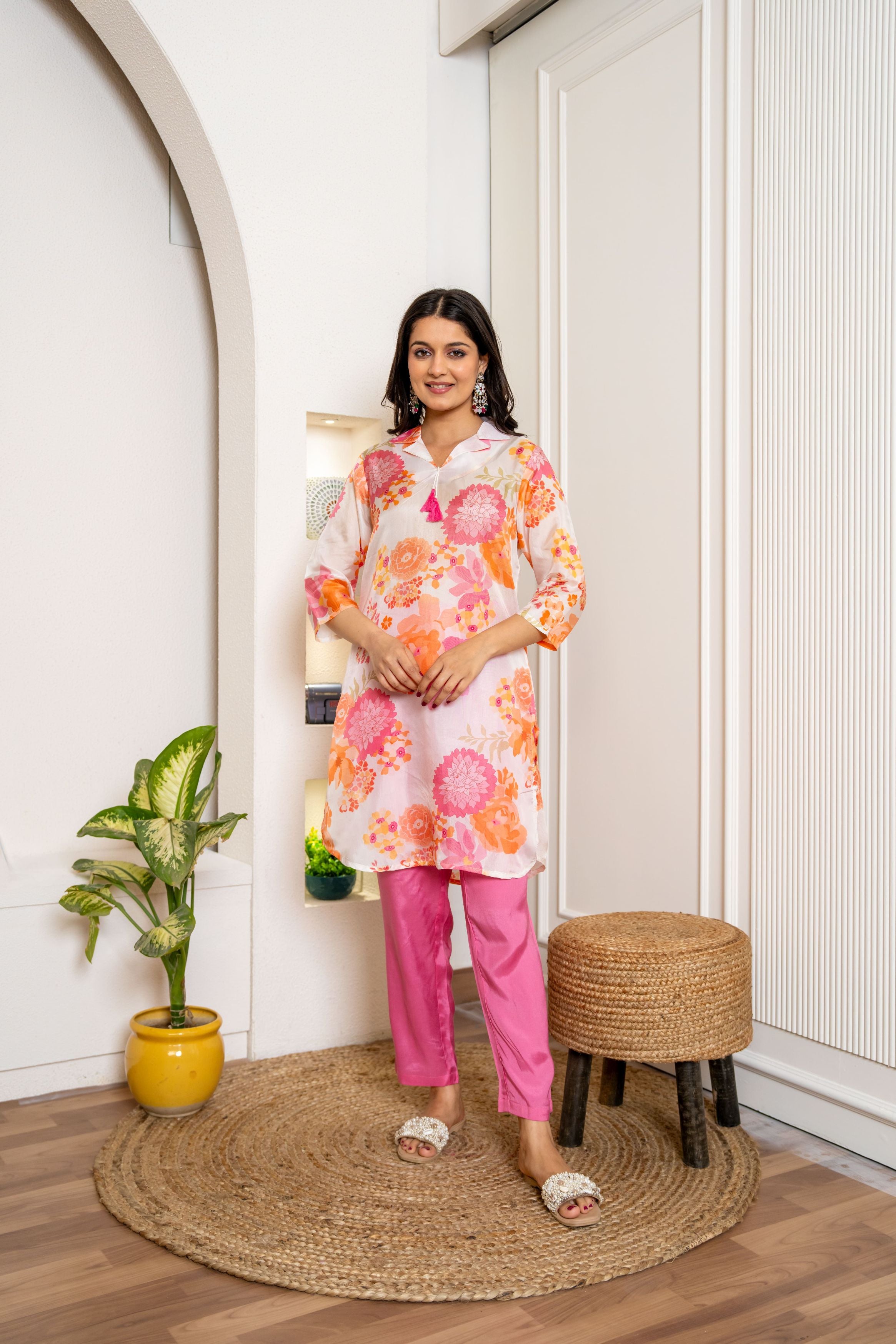 Summer Pink Floral Printed Italian Paper Silk Co-ord Set