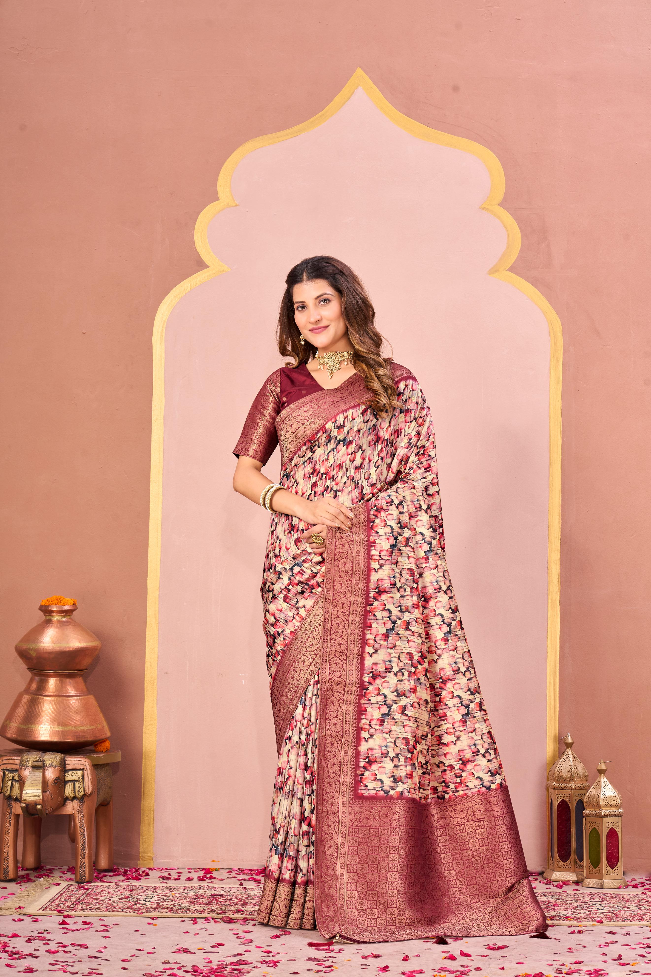 Rust Tussar Silk Jacquard Saree with Abstract Digital Print