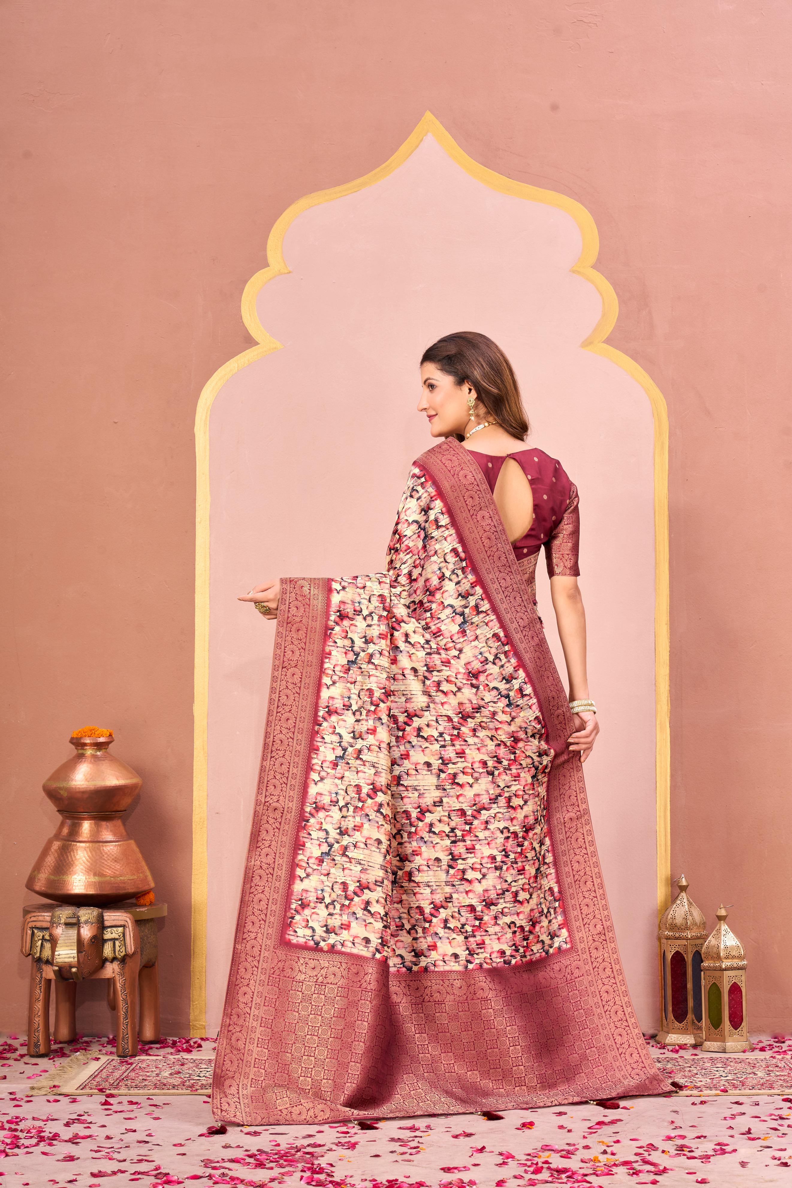 Rust Tussar Silk Jacquard Saree with Abstract Digital Print