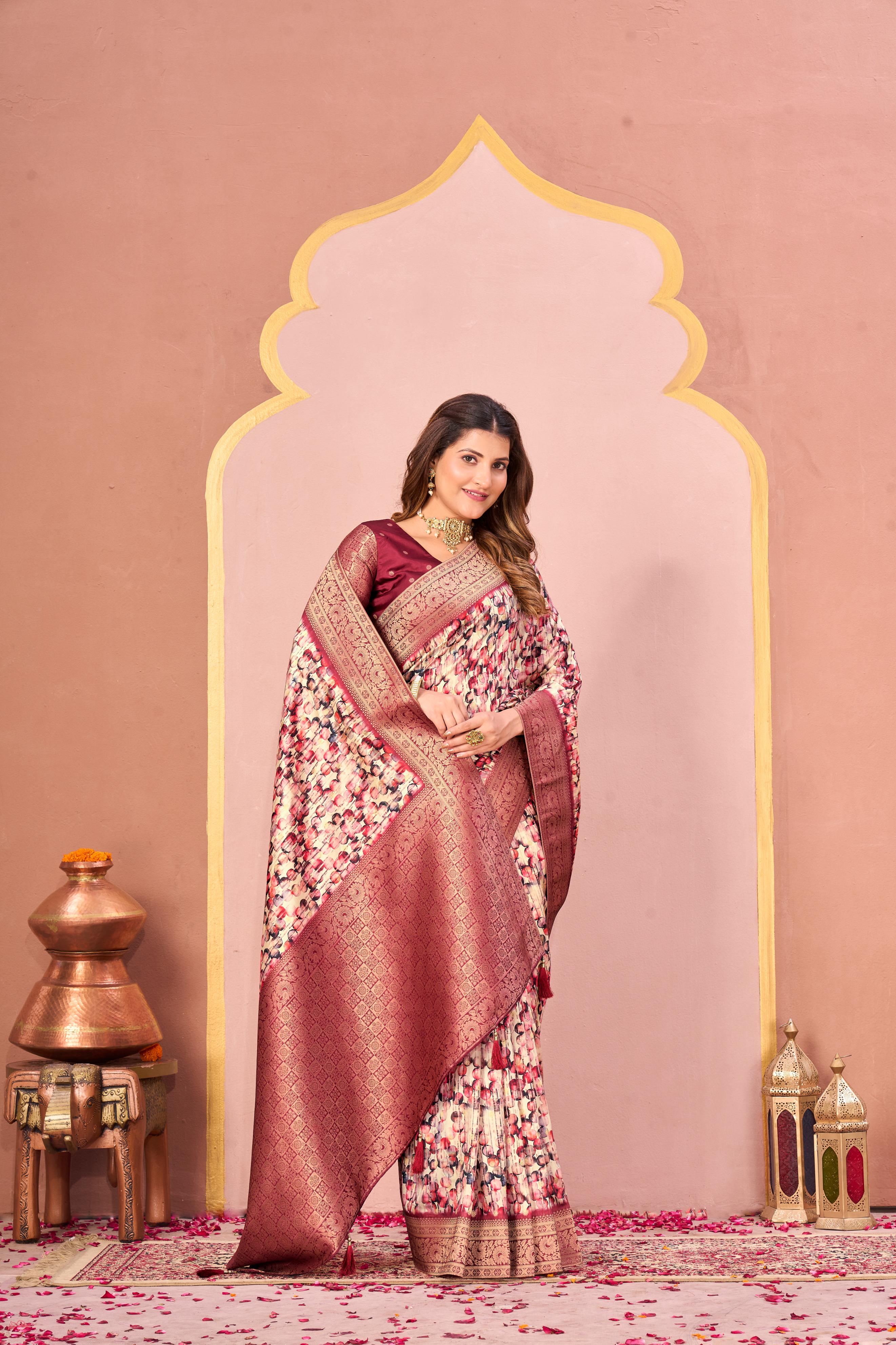 Rust Tussar Silk Jacquard Saree with Abstract Digital Print