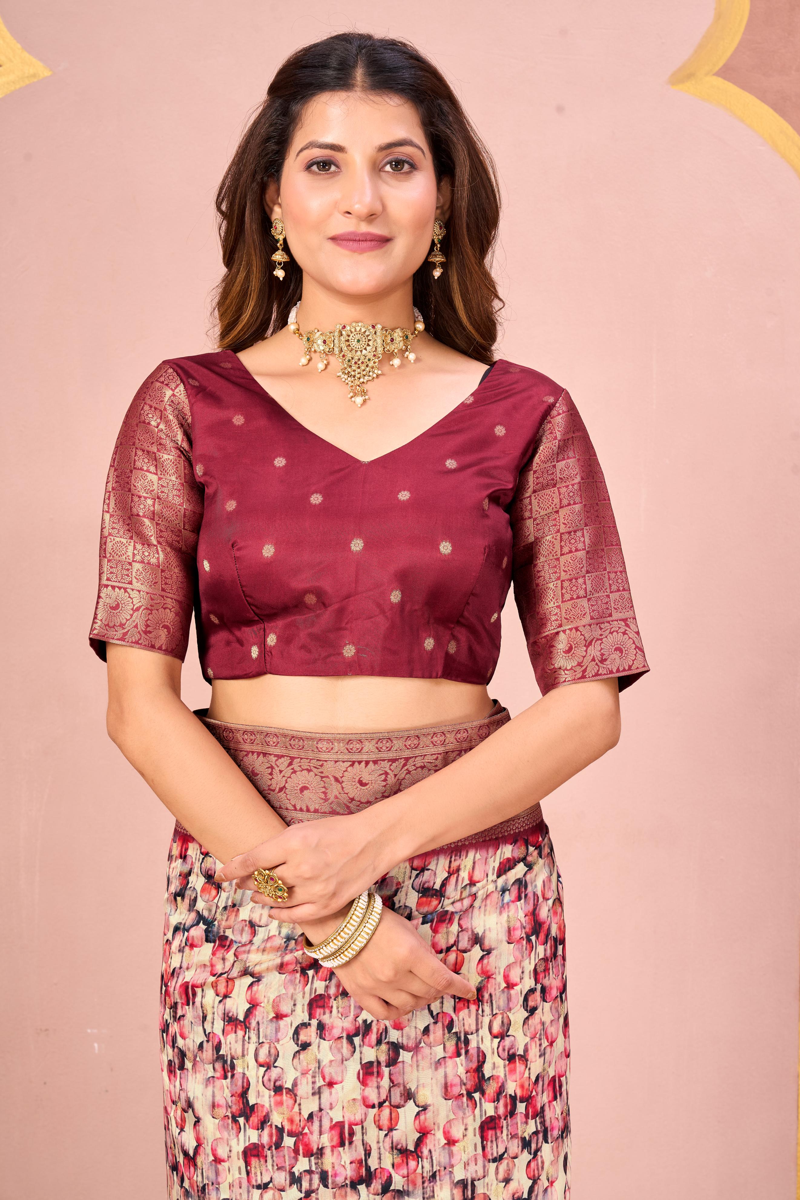 Rust Tussar Silk Jacquard Saree with Abstract Digital Print