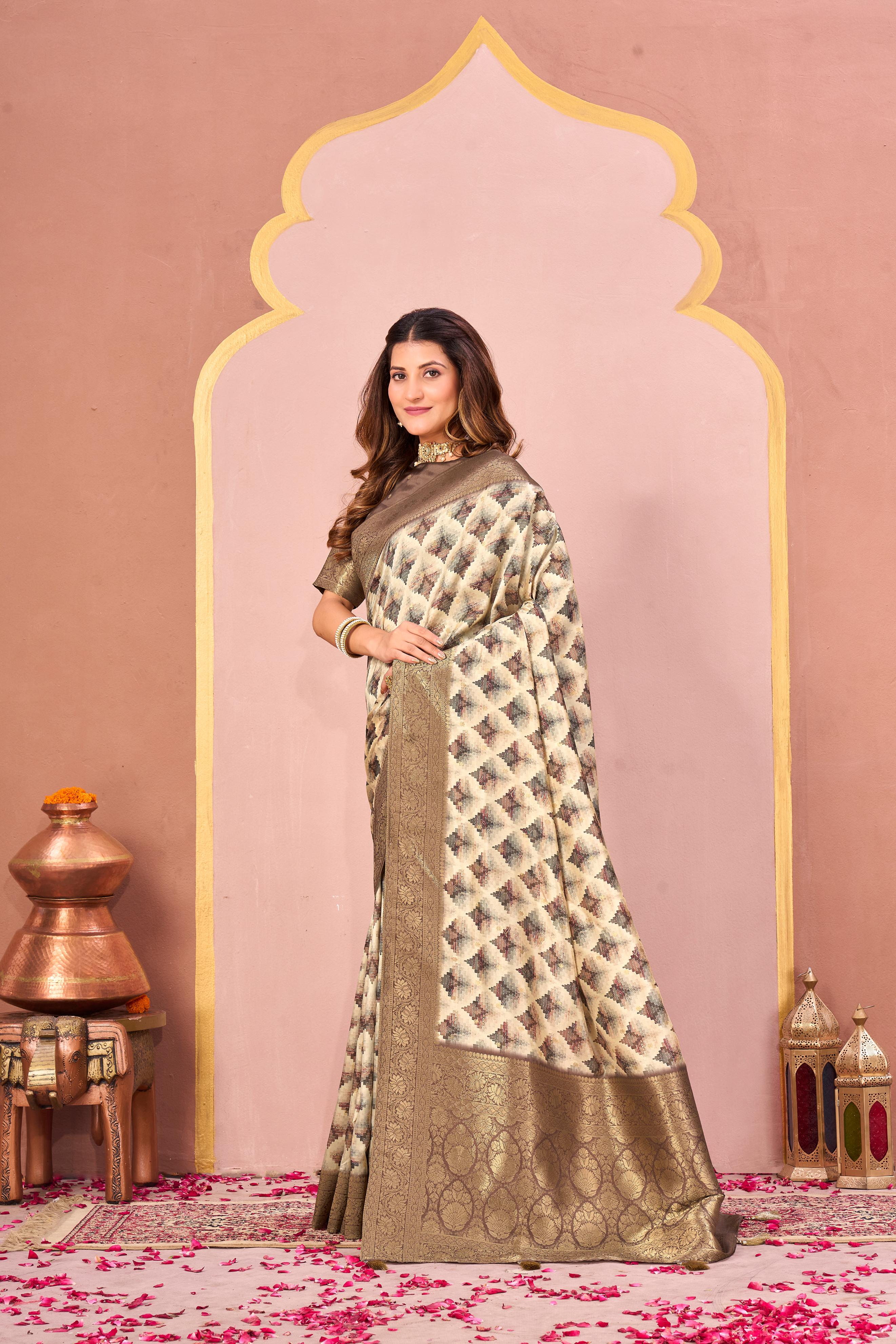 Rust Brown & Beige Tussar Silk Jacquard Saree