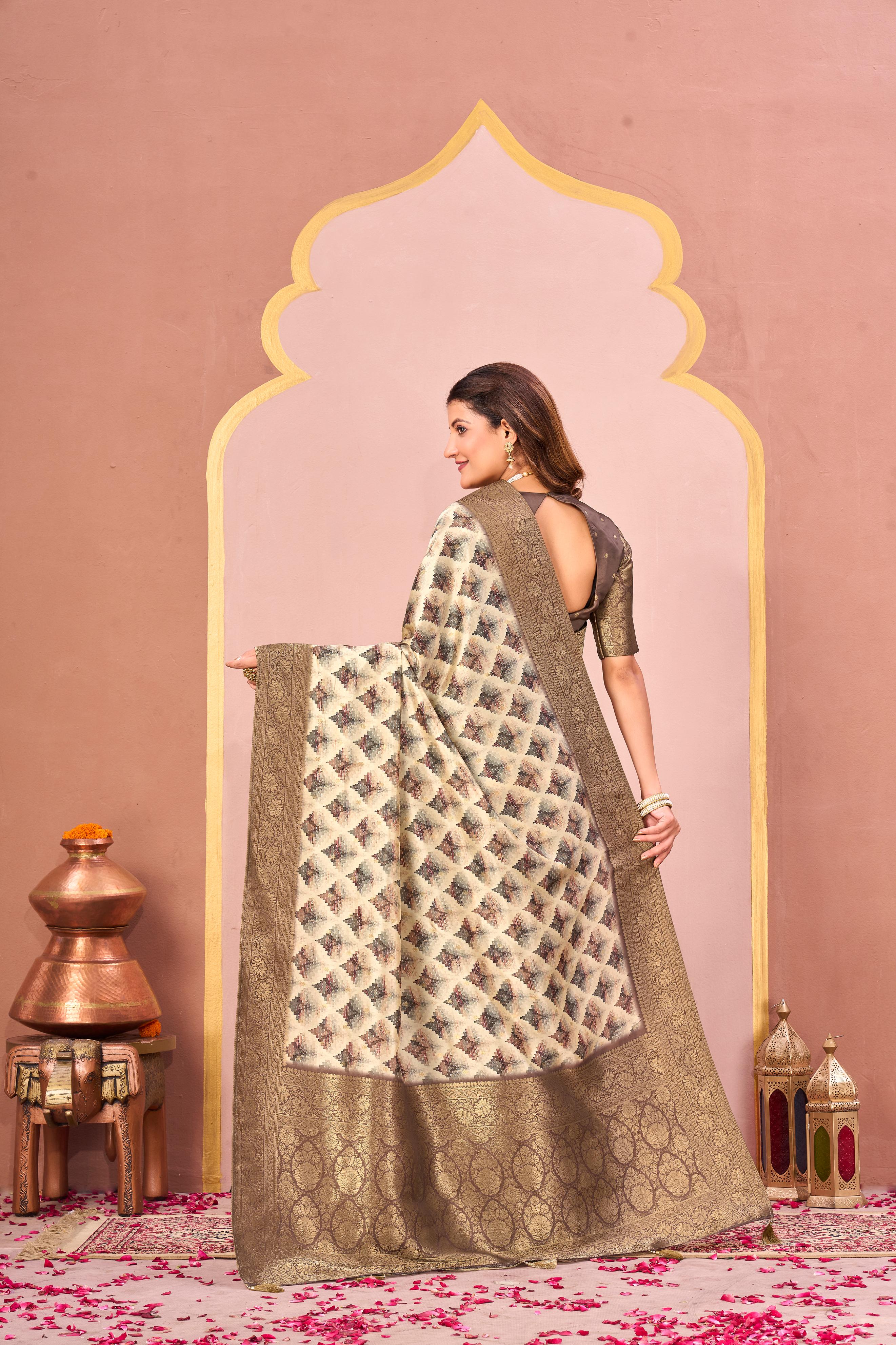 Rust Brown & Beige Tussar Silk Jacquard Saree