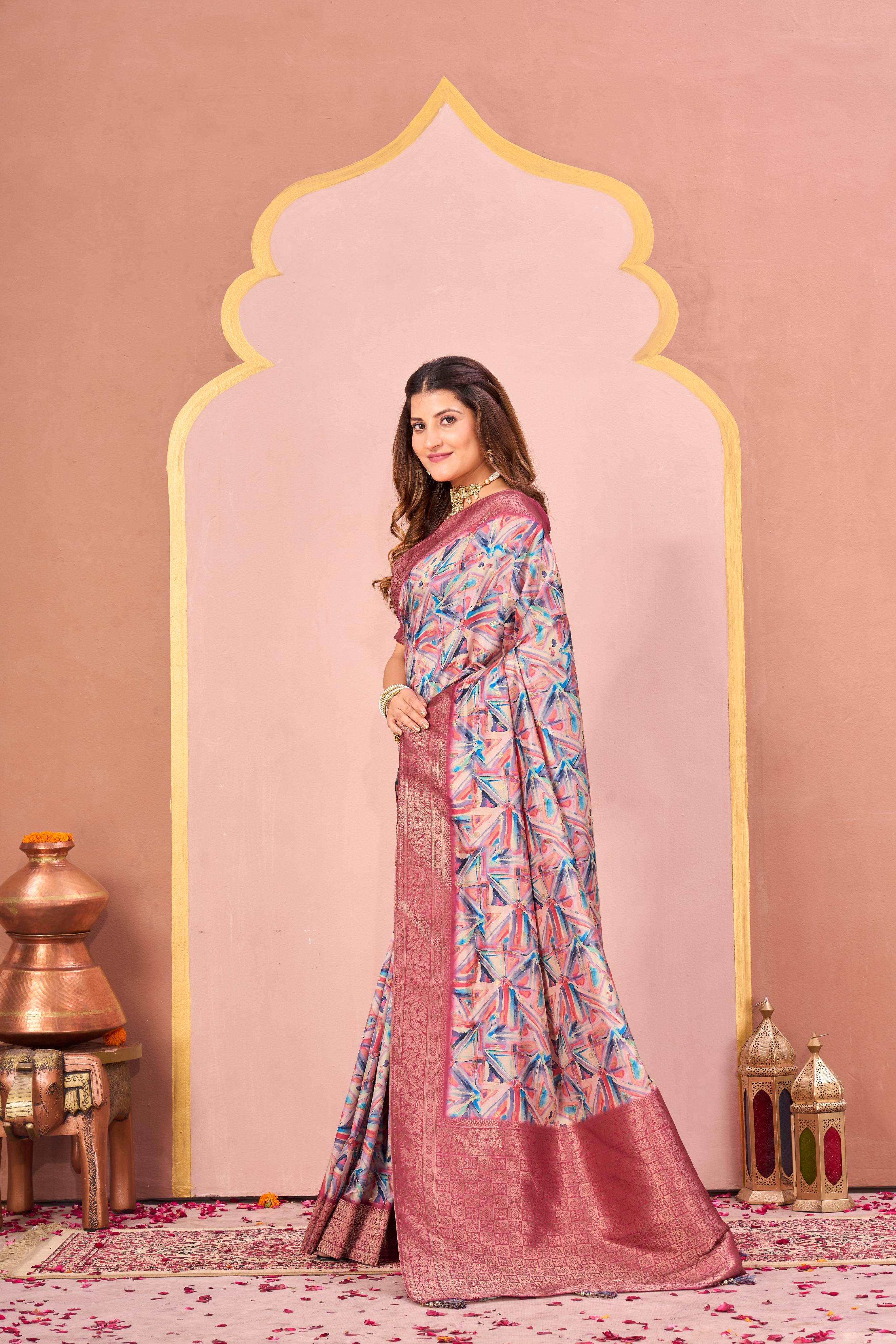 Gajari Tussar Silk Jacquard Saree with Digital Print