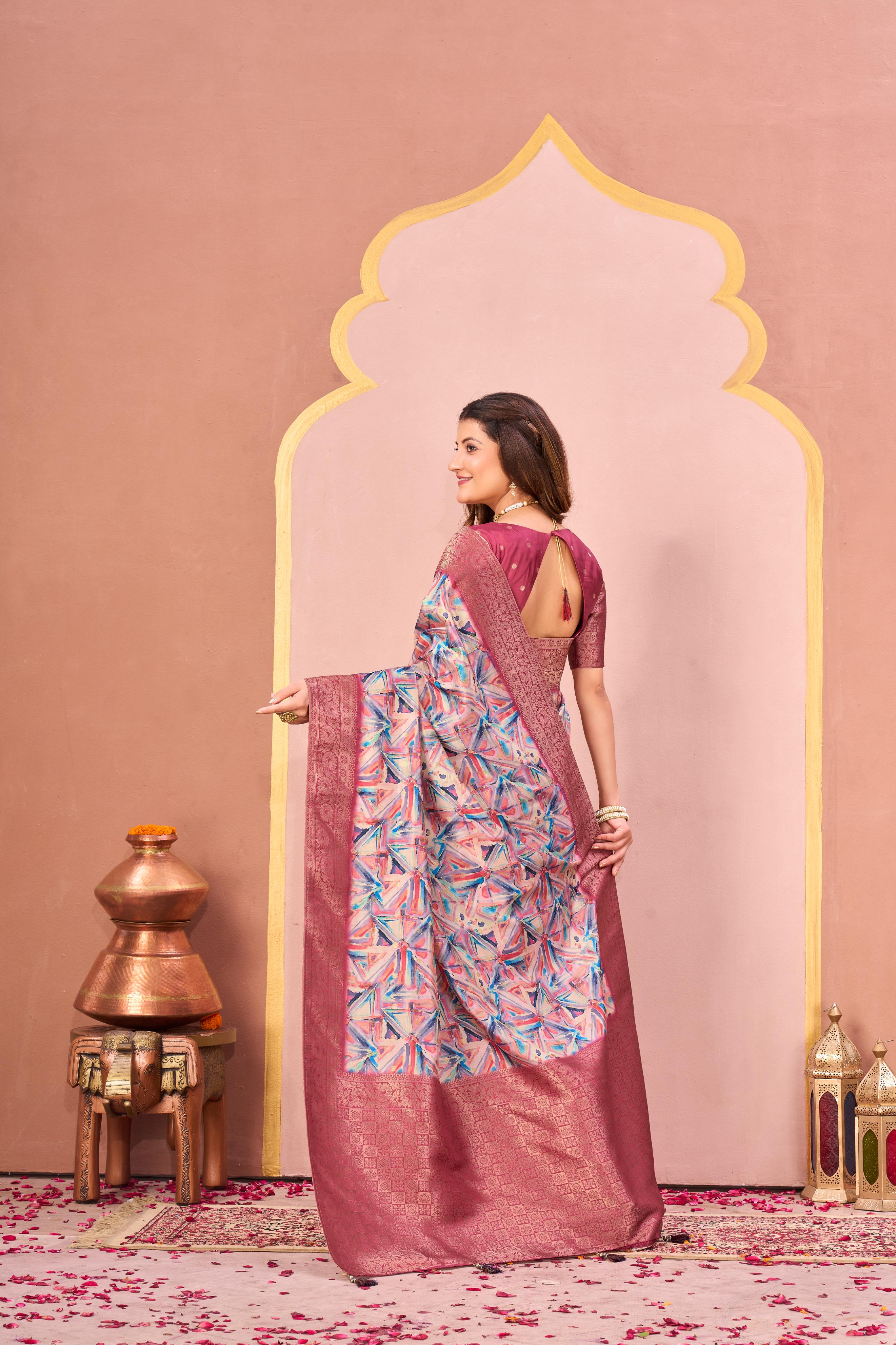 Gajari Tussar Silk Jacquard Saree with Digital Print